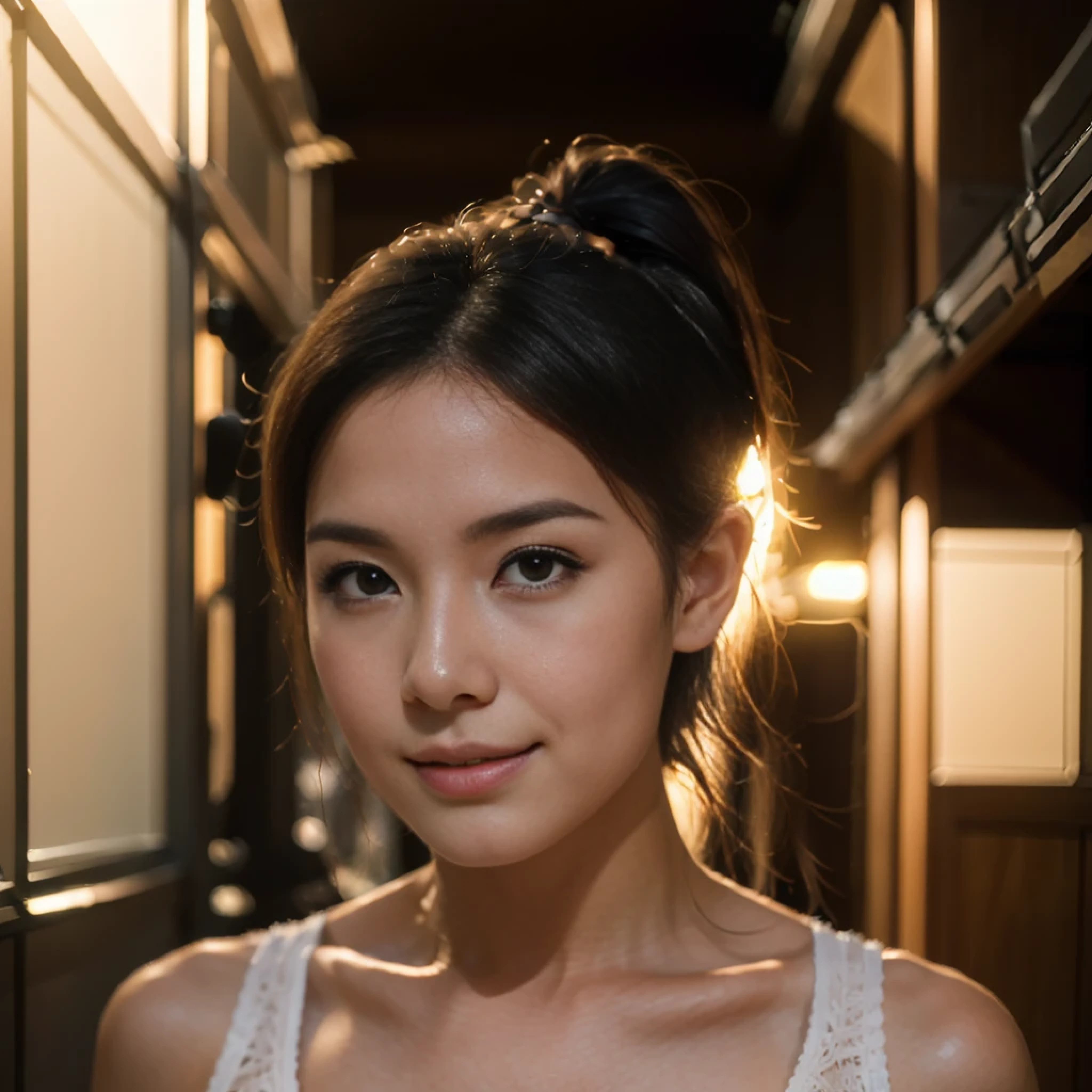 1 woman named Kimmie Miso, walking in street, yellow summer dress, full camera shot, black hair, hair behind ear, high ponytail, mole under mouth, eye reflection, furrowed brow, light smile, light blush, seductive smile, full shot, cinematic lighting, film grain, masterpiece, anatomically correct, textured skin, best quality