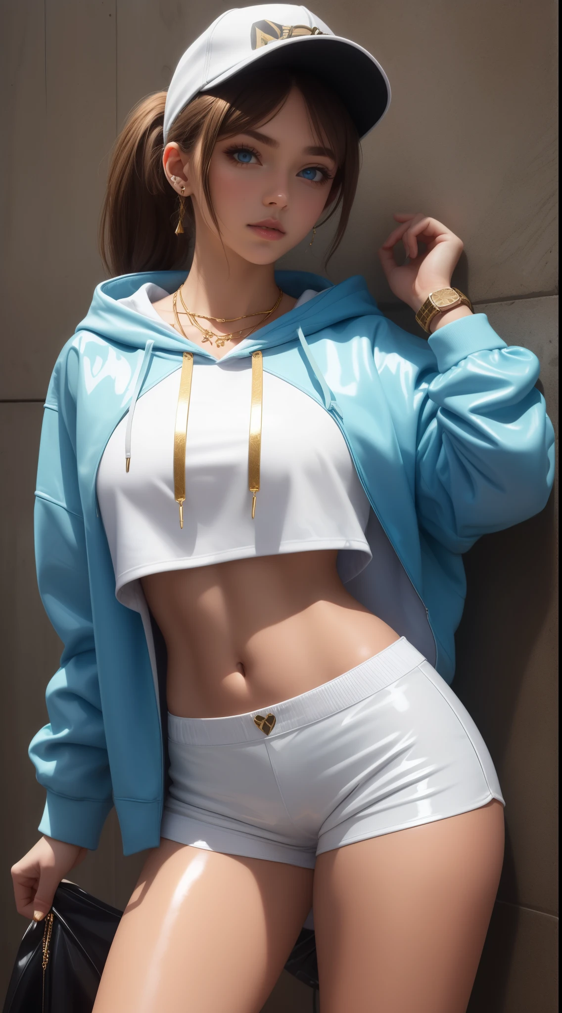 18 year old, brown hair, blue eyes, ponytail, (white latex crop top hoodie), (white latex short shorts), gold necklace, wrist watch, snapback hat, hold necklace