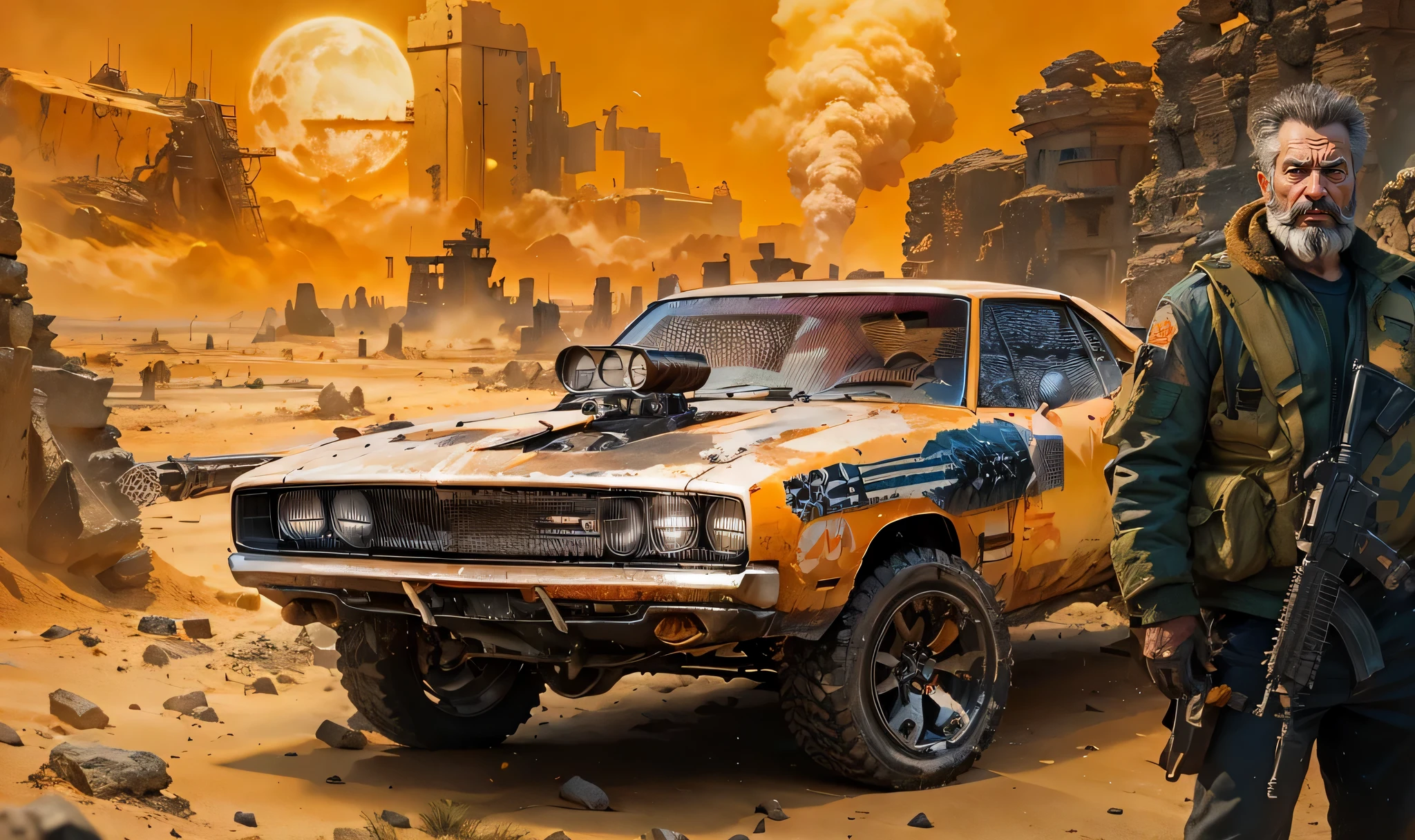 A grunge, dilapidated YELLOW Dodge Charger transformed into a missile and machine gun battle car with a Mad Max warrior Mel Gibson on the side carrying a modern rifle, In the background there is a huge Australian desert like in the movie Mad Max with big rocks and mountains and an abandoned ghost town with some burning buildings and smoke,  the sky is orange and a huge bright yellow sun is shining