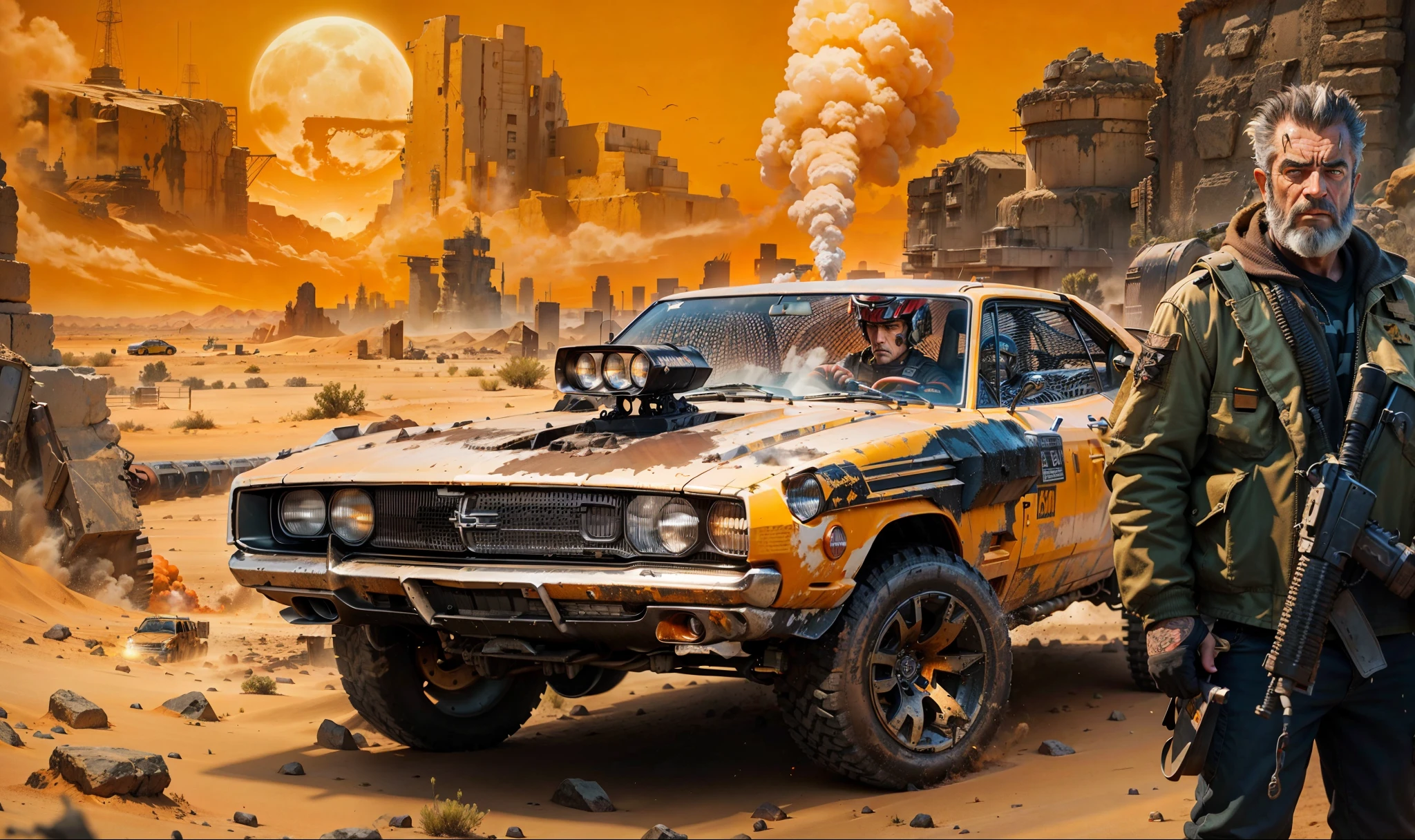 A grunge and deteriored YELLOW Dodge Charger transformed in a battle car with missiles and machine gun with an warrior Mad Max man Mel Gibson in the side carrying a modern rifle, in the background there's a huge Australian desert like in Mad Max movie with great rocks and mountains and an abandoned ghost city with some buildings in fire with smoke,  the sky is toward orange color and a bright and huge yellow sun shining