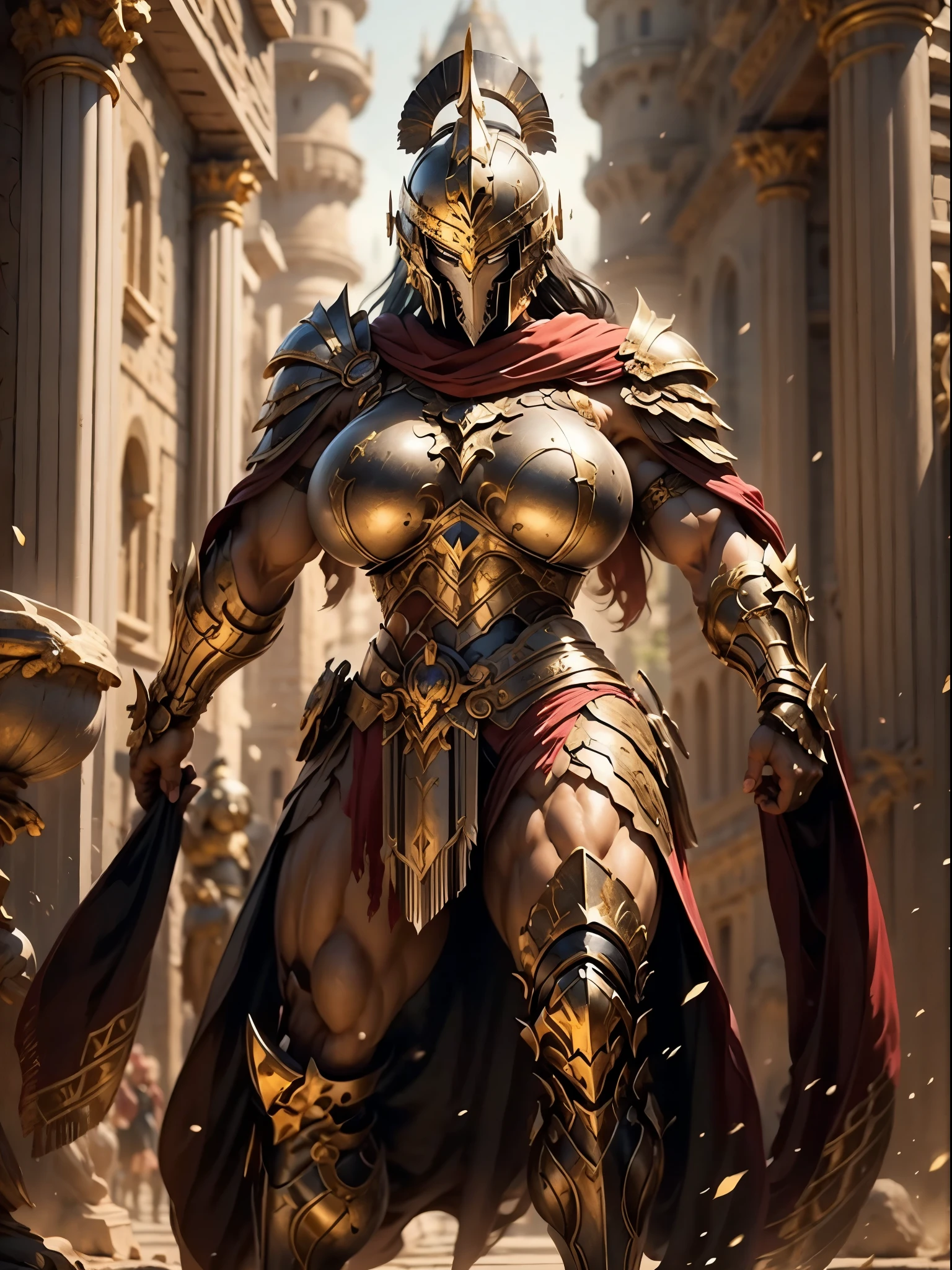 a beautiful golden-greek-armored warrioress, jet-black hair, hoplite helmet, muscular, huge and heavy breasts, looking at viewer, front view, modelshot pose, masterpiece, best quality, 8k, blurred background, medieval fantasy castle in the background