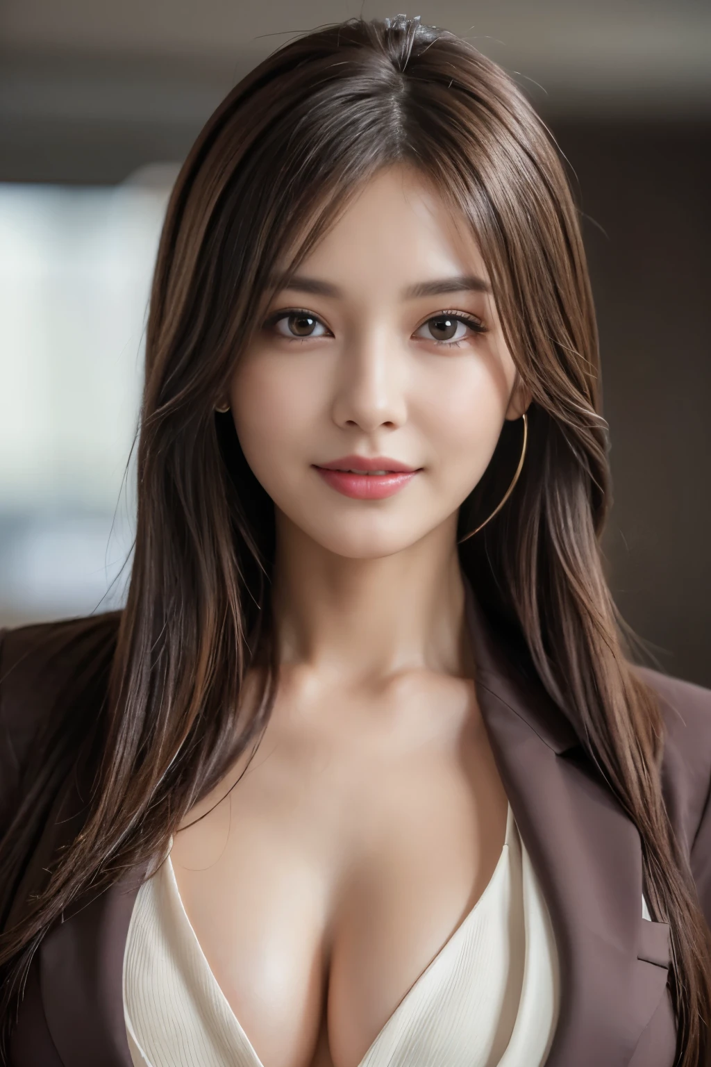 table top, highest quality, realistic, Super detailed, finely, High resolution, 8k wallpaper, 1 beautiful woman,, light brown messy hair, wearing a business suit, sharp focus, perfect dynamic composition, beautiful and detailed eyes, thin hair, Detailed realistic skin texture, smile, close-up portrait, model body shape,cleavage