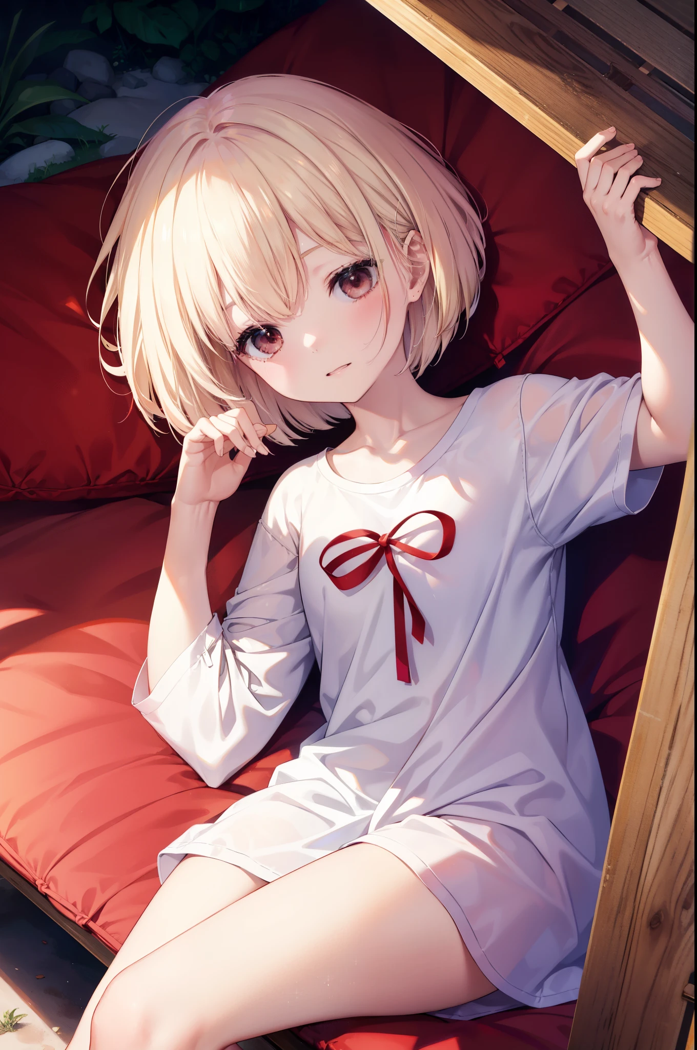 chisatonishikigi, nishikigi chisato, short hair, bangs, blonde hair,  bob cut,y shirt,red string underwear,barefoot,Sleeping in a hammock,sleep with your head on the pillow,sleep in a hammock,dark room,nap,daytime,
break outdoors, forest,
break (masterpiece:1.2), highest quality, High resolution, unity 8k wallpaper, (figure:0.8), highly detailed face, perfect lighting, Very detailed CG, (perfect hands, perfect anatomy),