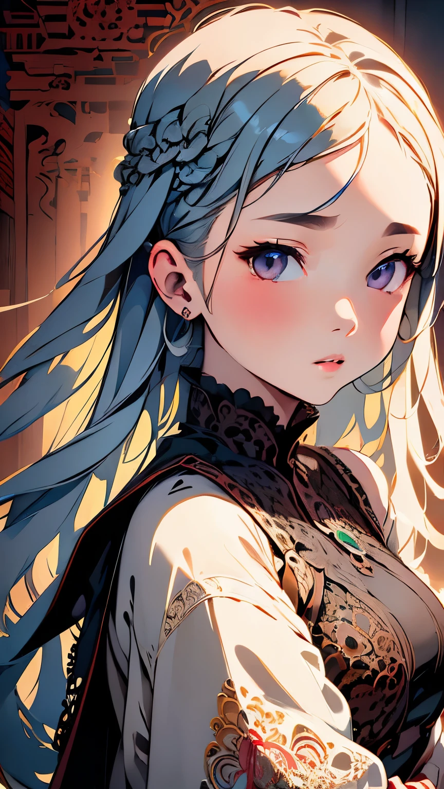 A floating painting、one girl、Artfully drawn、A loving presence、carefully drawn hair、attractive lips、small breasts、small breasts、monk、a heavy robe、mysterious costume、Intricate abstract geometric background、(best work of art),(super precision art),(amazing art of depiction,Overwhelming descriptive power:1.5),(intricate and detailed art:1.6)highest quality、best image quality、masterpiece:1.3、portrait、8K、perfect lighting、professional photographer、