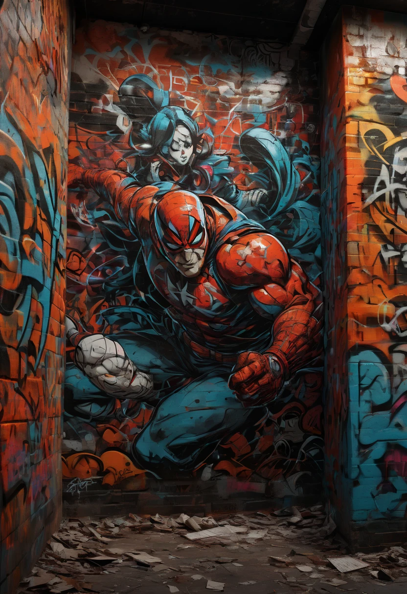 Graffiti Comic, wall scene from Classic movie, award winning, bold lines, hyper detailed, dramatic lighting, best quality, masterpiece, Representative work, official art, Professional, Ultra intricate detailed, 8k