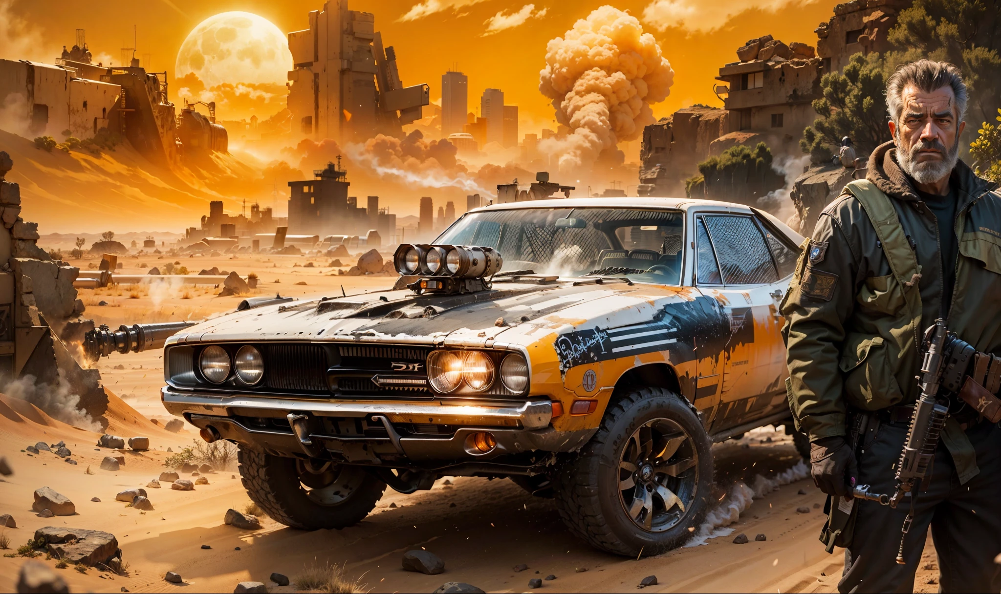 A grunge and deteriored YELLOW Dodge Charger transformed in a battle car with missiles and machine gun with an warrior Mad Max man Mel Gibson in the side carrying a modern rifle, in the background there's a huge Australian desert like in Mad Max movie with great rocks and mountains and an abandoned ghost city with some buildings in fire with smoke, the sky is toward orange color and a bright and huge yellow sun shining