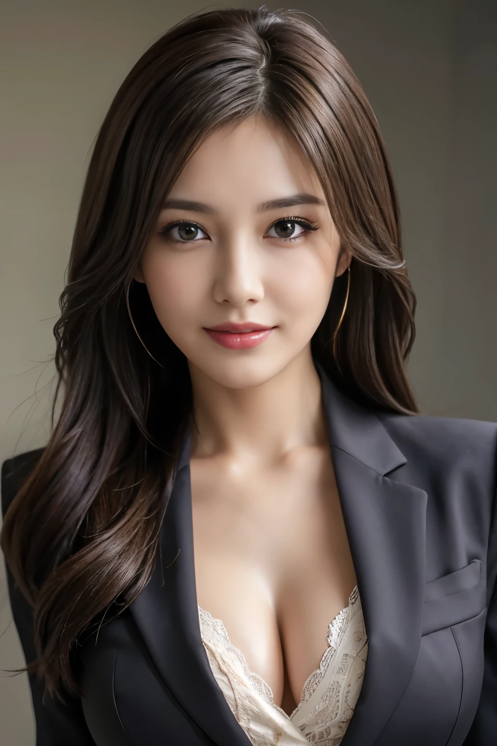 table top, highest quality, realistic, Super detailed, finely, High resolution, 8k wallpaper, 1 beautiful woman,, light brown messy hair, wearing a business suit, sharp focus, perfect dynamic composition, beautiful and detailed eyes, thin hair, Detailed realistic skin texture, smile, close-up portrait, model body shape,cleavage