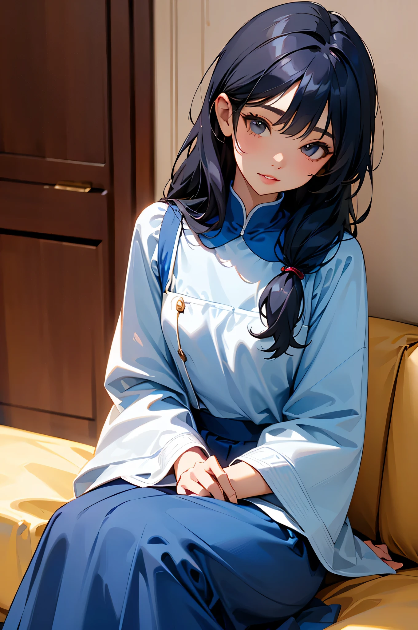 a light-skin Filipina woman with long black hair in a royal blue dress with small white polka dots sitting on a beige couch, Lalisa Manual, cute photo, fully clothed, cam de Leon, house and home, safe for work, princes Jasmin, cute complexion, beautiful face, imet2020, 8k, super detail, accurate, best quality, UHD