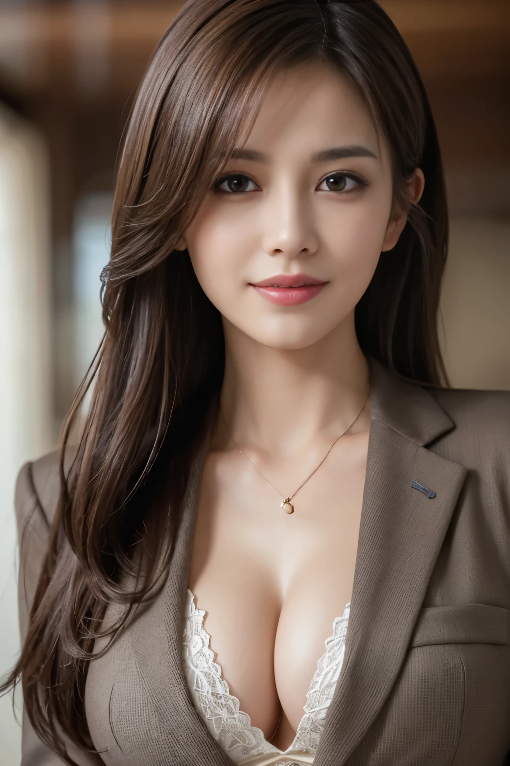 table top, highest quality, realistic, Super detailed, finely, High resolution, 8k wallpaper, 1 beautiful woman,, light brown messy hair, wearing a business suit, sharp focus, perfect dynamic composition, beautiful and detailed eyes, thin hair, Detailed realistic skin texture, smile, close-up portrait, model body shape,cleavage