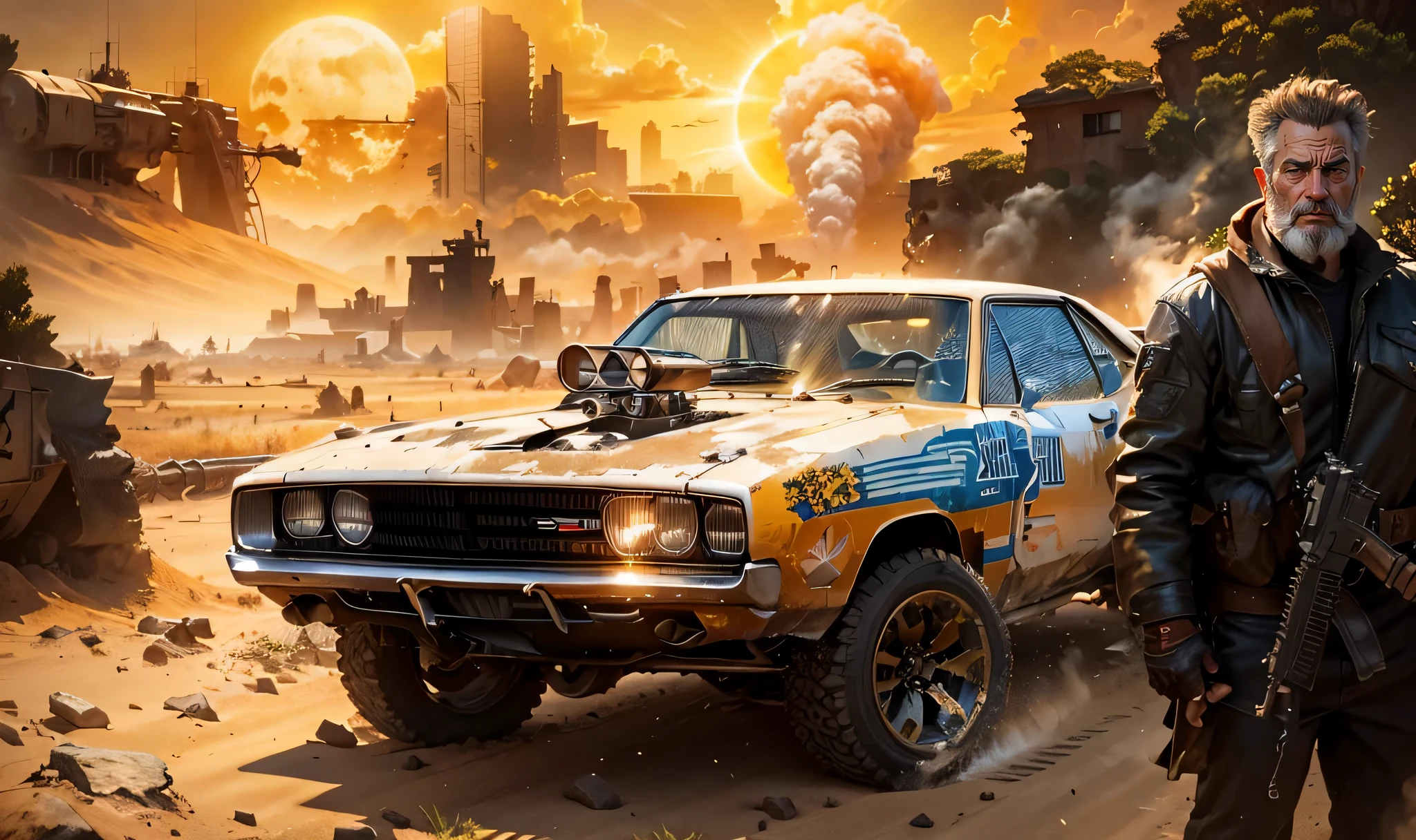 A grunge, dilapidated YELLOW Dodge Charger transformed into a missile and machine gun battle car with a Mad Max warrior Mel Gibson on the side carrying a modern rifle, In the background there is a huge Australian desert like in the movie Mad Max with big rocks and mountains and an abandoned ghost town with some burning buildings and smoke, the sky is orange and a huge bright yellow sun is shining