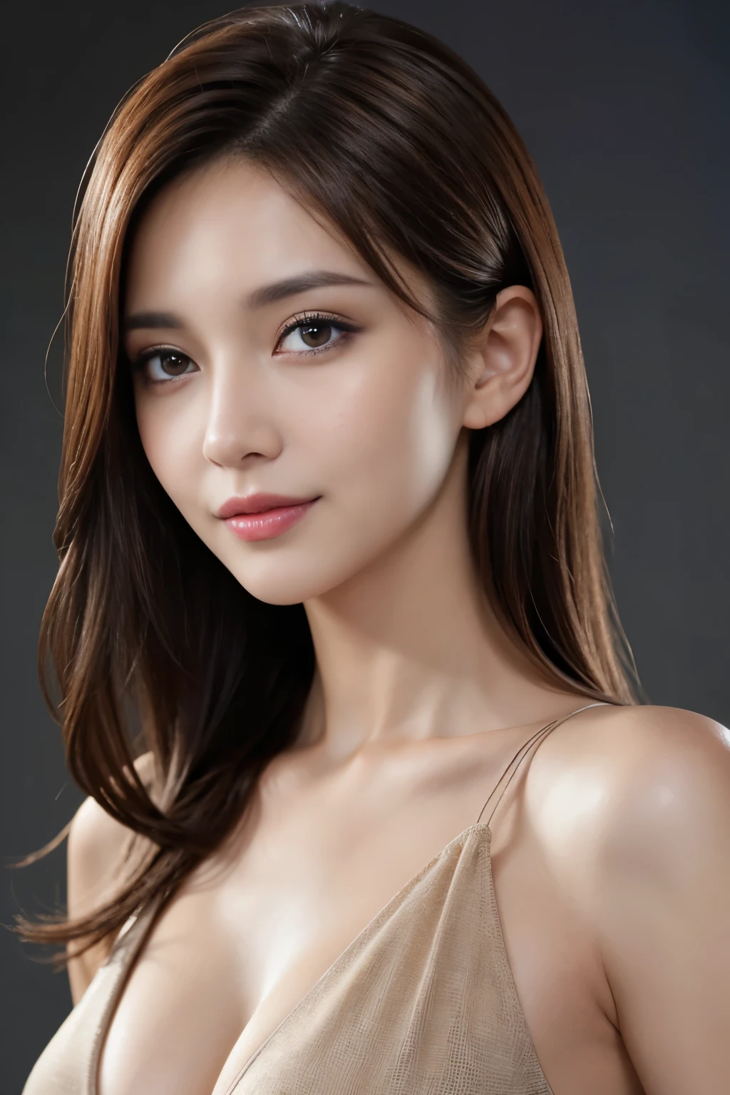 table top, highest quality, realistic, Super detailed, finely, High resolution, 8k wallpaper, 1 beautiful woman,, light brown shorthair, wearing a business suit, sharp focus, perfect dynamic composition, beautiful and detailed eyes, thin hair, Detailed realistic skin texture, smile, close-up portrait, model body shape,cleavage