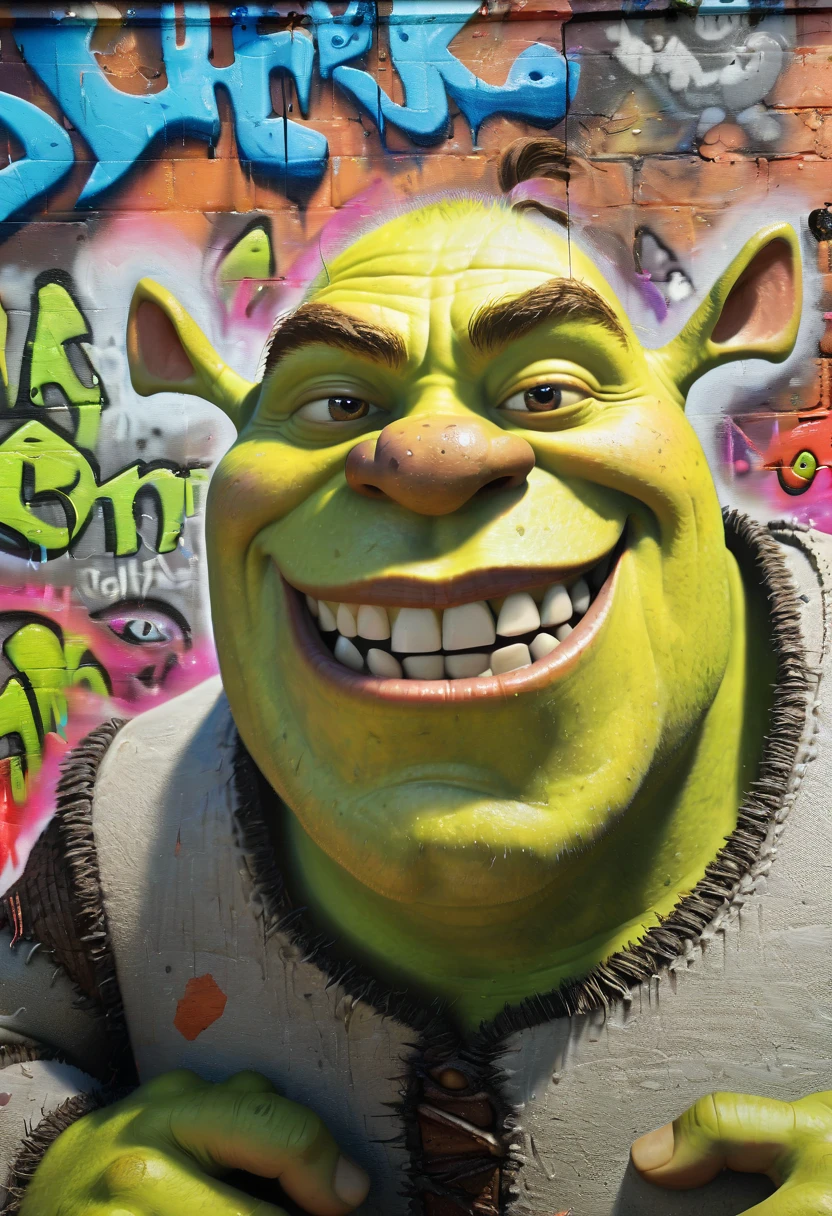 Graffiti art, Graffiti wall from "Shrek", (best quality, masterpiece, Representative work, official art, Professional, Ultra intricate detailed, 8k:1.3)