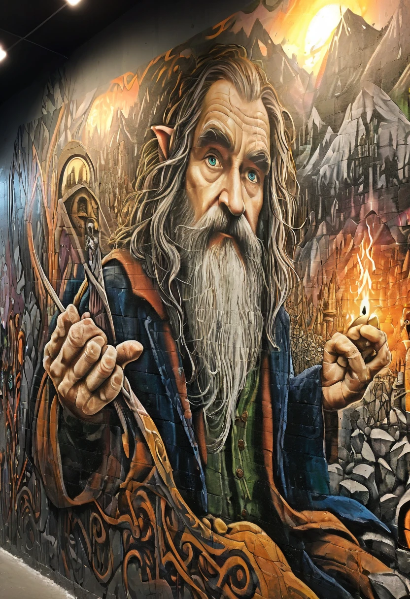 Graffiti art, Graffiti wall from "The Hobbit", (best quality, masterpiece, Representative work, official art, Professional, Ultra intricate detailed, 8k:1.3)