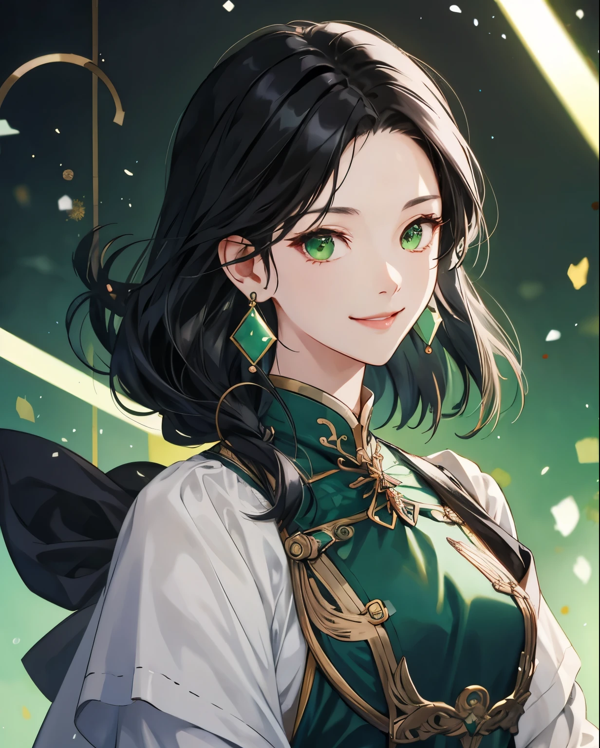1女of子, armor, black_hair, blurry, blurry_background, blurry_prospect, chest, green_eye, closed_mouth, depth_of_field, earrings, jewelry, length_hair, looking for_in_viewer, smile, 一人in, upper_body