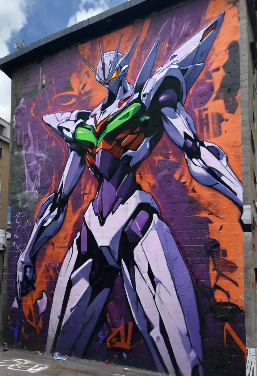 Graffiti art, Graffiti wall from "EVANGELION", (best quality, masterpiece, Representative work, official art, Professional, Ultra intricate detailed, 8k:1.3)