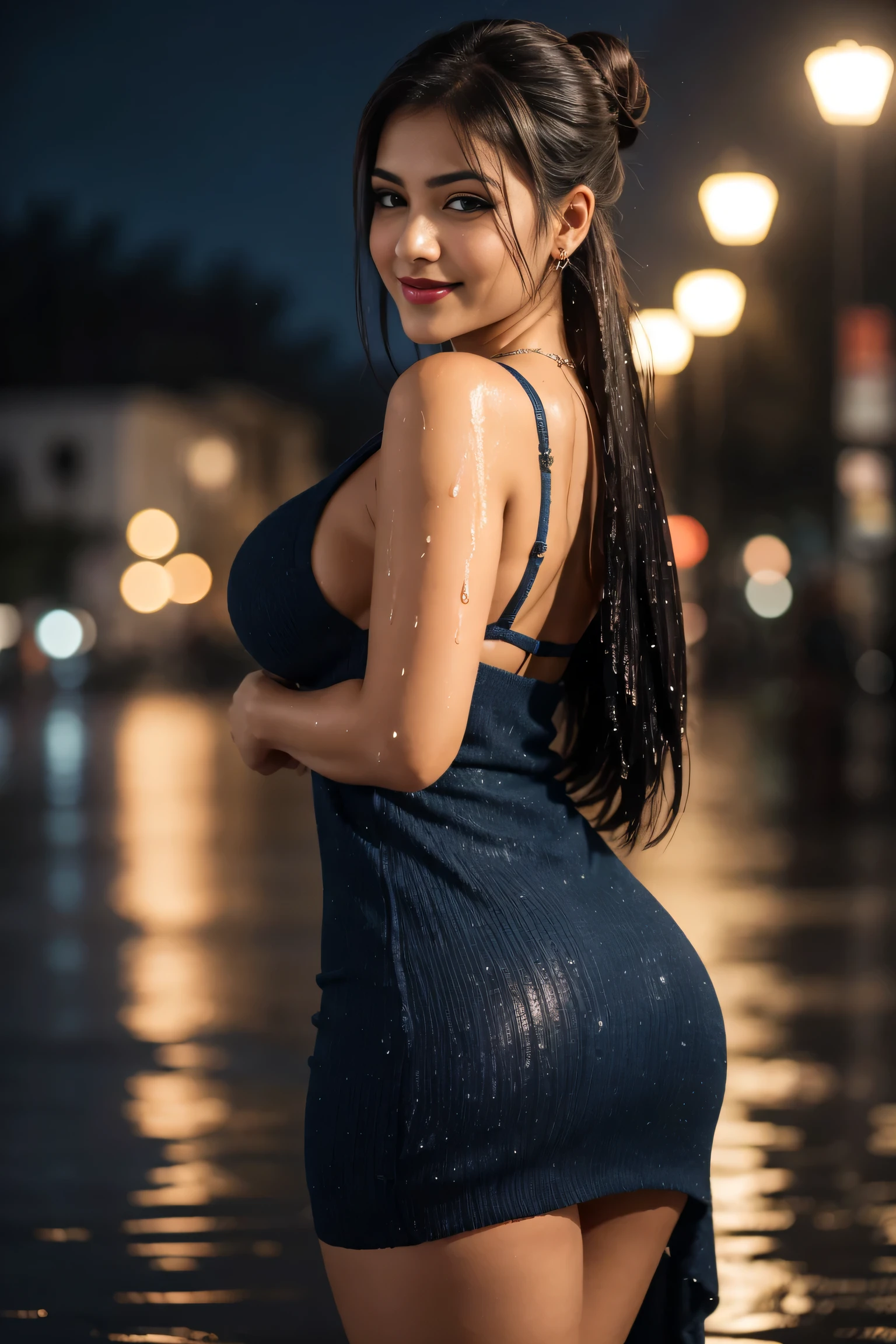 Beautiful sensual and erotic Pakistani woman with a curvy body, long full black hair, bangs, loose bun, widest waist, thicc, beautiful fitting breasts, curvy accentuated booty, detailed sparkling olive green eyes, eyes are olive green, long eyelashes, sensual smile, thick thighs, Strong calves, taniaayusiregar, It is night, it is raining, people are not recognizable, She is standing in the rain and all wet dress, wet body and wet hair, lipstick , smiles uncertainly to the camera, She wears an intricate knit dress in dark blue, dress is dark blue, wristband, necklace, photorealistic, Masterpiece, bokeh, Volumetric lighting, low light, sensual atmosphere, close up shot
