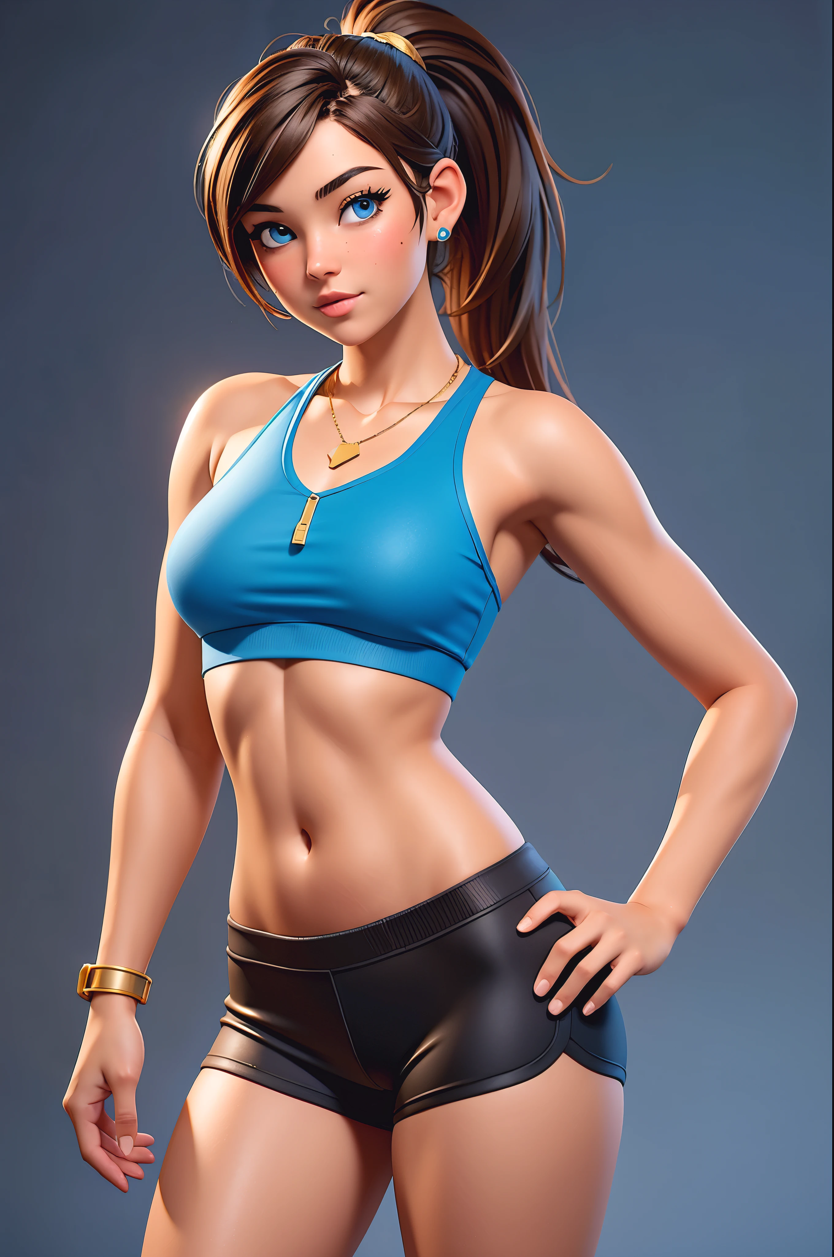 sexy 18 year old girl, blue eyes, brown hair, ponytail, sports bra, spandex short shorts, gold necklace, wrist watch, taking a selfie, (photorealistic: 1.4), realistic, crop top hoodie