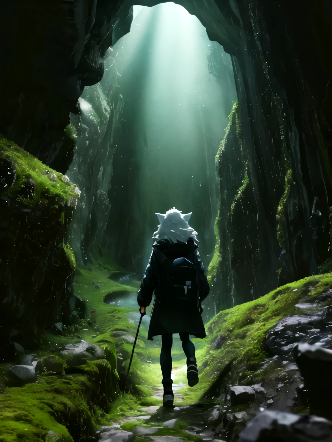 cave、pitch black、The only light source is the light moss、Wolf、I'll chase you