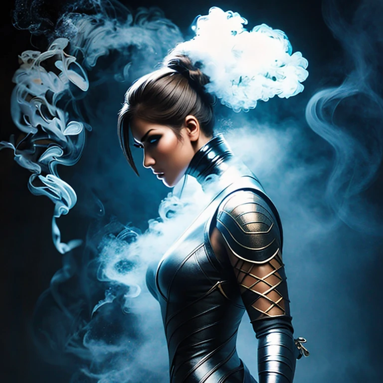 Create an ultra-detailed shot of a figure fully made of smoke in a Smoking Girl shape, ninja, (ghostly figure) side view, motion effects, colorful smoke, studio lights, ultra sharp focus, high-speed shot, soft colors, UHD, 16k