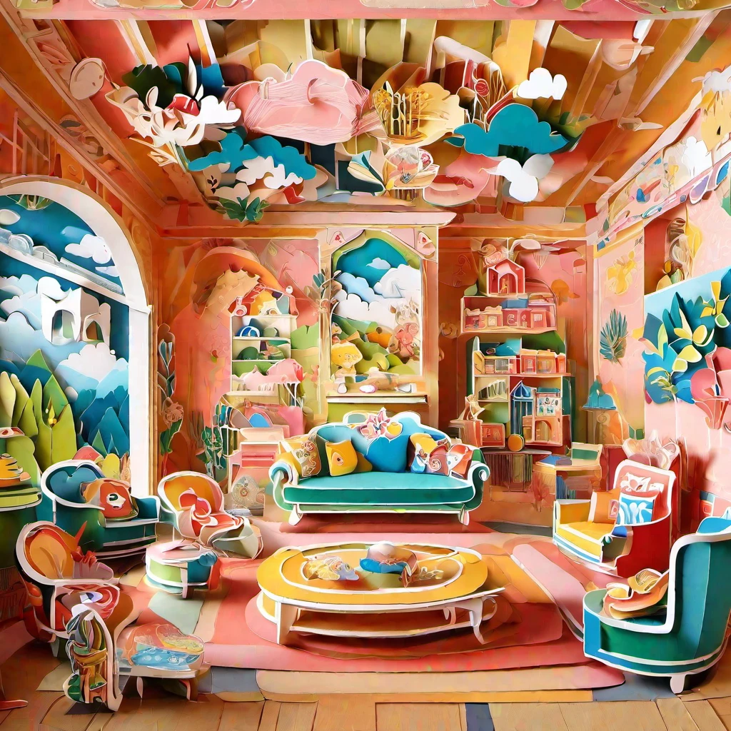 (masterpiece, best quality:1.2), 3d paper cut style, classic, cartoon, cute, living room paper cut art, playful and cute room decoration, paper art furniture, sofas, chairs and tables made of folded and cut paper, bright colors, whimsical patterns, walls decorated with animals, Flowers, landscapes and other paper art cartoons