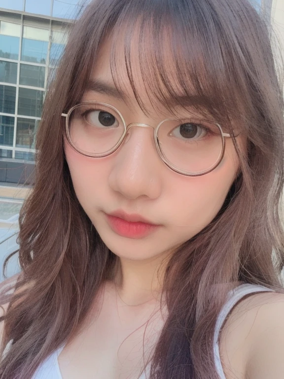 (8K、RAW photography、top-quality、tmasterpiece:1.2)、(hentail realism、Photorealsitic:1.37)、ultra - detailed、超A high resolution、1 rapariga、see the beholder、beautifull detailed face、A smile、shrinks、(Slim waist) :1.3)、white summer clothes、beautiful detailed skin、Skin texture、Floating hair、Braided hair、Professional lighting、Downtown at night、((black square glasses )) 、full bodyesbian、Brown hair,(False eyelashes、eyeshadows、eye liner、mascara)