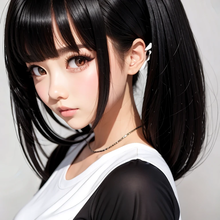 with black hair and black and white top
