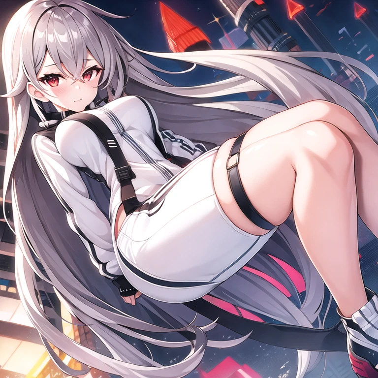 (masterpiece, best quality:1.2), 1girl, solo, Light_gray_hair, Long_hair, White_tight_ jacket, Black_sports_short, Brillant_red_eyes
