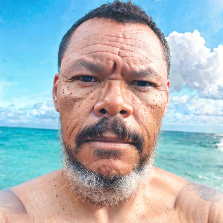 photo of 48 y.o man, face, half body, body, high detailed skin, skin pores, coastline, overcast weather, wind, waves, 8k uhd, dslr, soft lighting, high quality, film grain, Fujifilm XT3