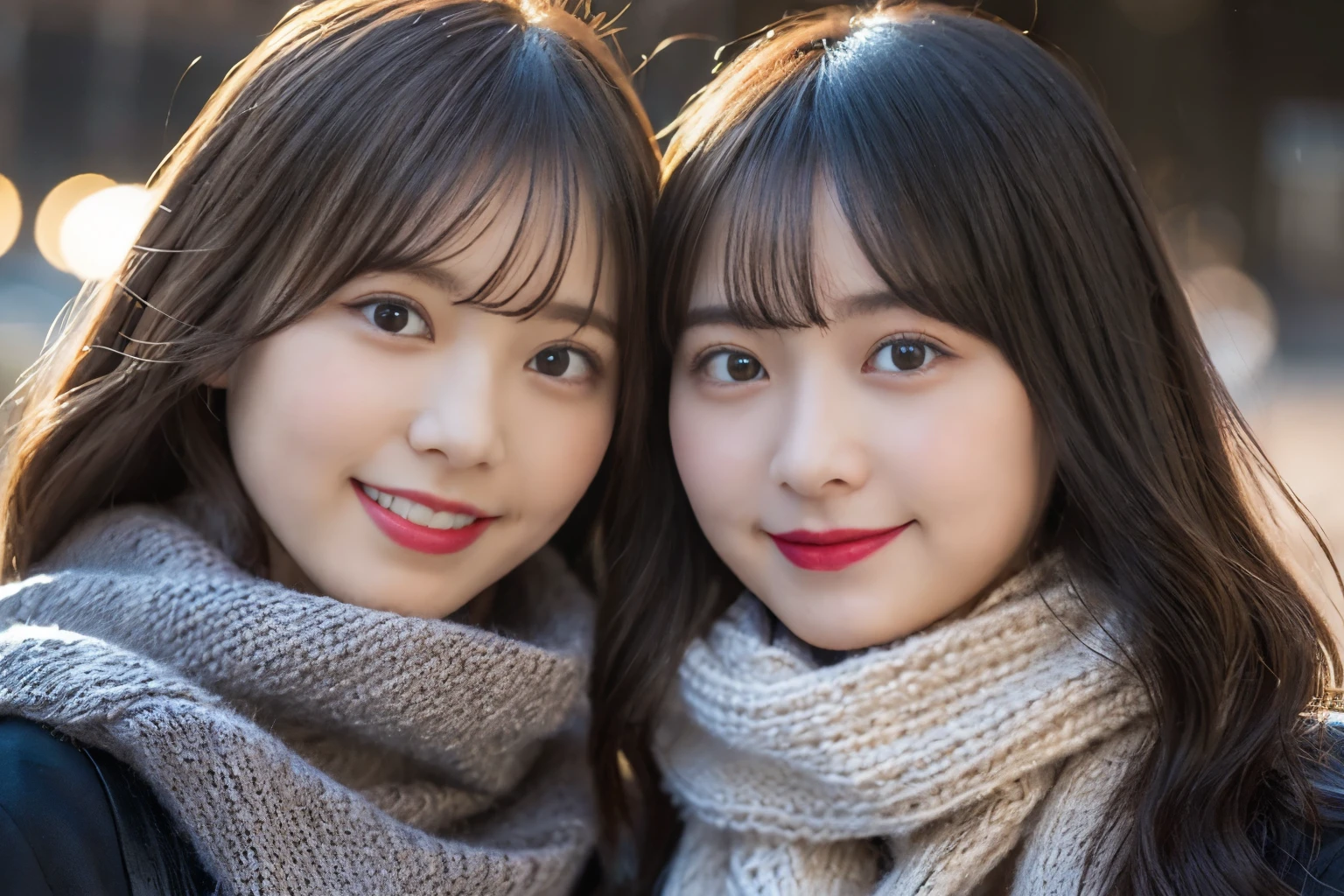 (Tabletop、Highest quality、8k、Award-winning works、Ultra-high resolution)、(Group photo of two women 1.4)、(The perfect red turtleneck:1.65)、(Smeared red turtleneck sweater:1.1)、Both((Very huge  bigger than a face:1.65))、Accentuate your body lines、very long wavy hair、Bright and shiny lipstick、(The biggest smile looks at me:1.1)、(Please smile widely and show your beautiful teeth.:1.1)、(Two women standing side by side:1.4)、Glowing Skin、(Face close-up:1.5)、(Background of the Japanese sexual festival:1.75)、Accurate anatomy、Ultra HD Hair、Ultra-high definition beauty face、Shining, Ultra-high resolution beautiful skin、Ultra-high resolutionの艶やかな唇、(Face covered in lots of:1.75)、(Two women facing the front:1.3)、(The body faces straight ahead:1.1)