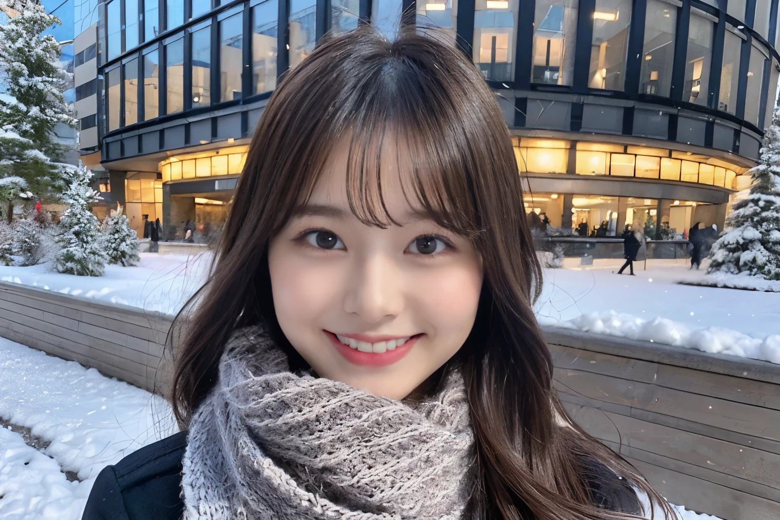 ((show only the face、close up of face))、(realistic、Photoreal、Super detailed、best detailed skin、highest quality、masterpiece、超A high resolution)、cute japanese woman、17 years old、high school girl、young girl、light makeup、1 girl、have bangs、double eyelid、drooling eyes、big black eyes、Japanese style face、smile、Charm、purity、cute smile、double teeth、take a look here、realistic肌タイプ、thick muffler、Gray muffler、fluffy hair、((There'hair in scarf:1.3))、red cheeks、The wind is blowing、that'It's snowing、illumination、lighting from behind