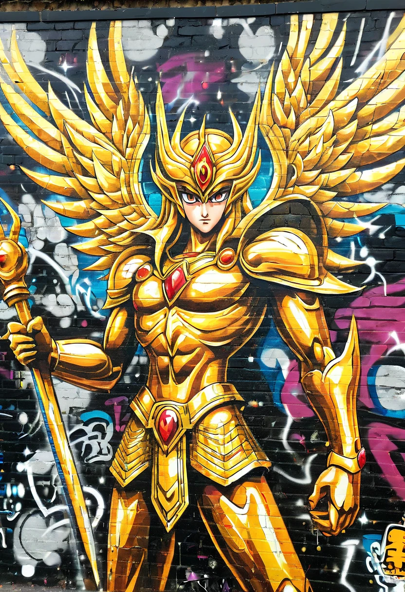 Graffiti art, Graffiti wall from "Saint Seiya", (best quality, masterpiece, Representative work, official art, Professional, Ultra intricate detailed, 8k:1.3)