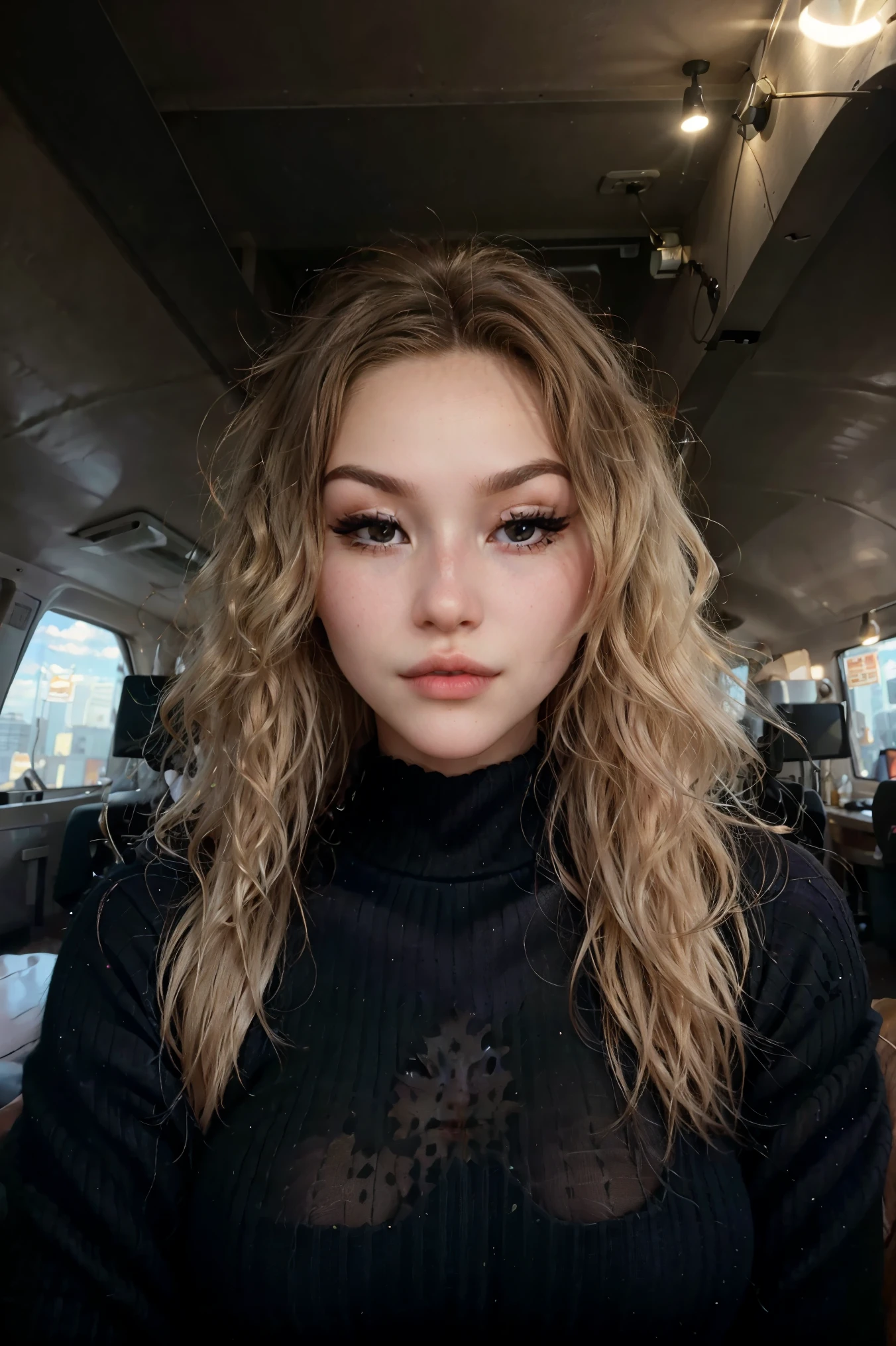 A stunning and intricate full color, Ultra-HD portrait of a 34 year old girl, long blonde hair, brown eyes, detailed face, wearing a black sweater, epic character composition, alessio albi, nina masic, sharp focus , natural lighting, subsurface dispersion, f2, 35mm