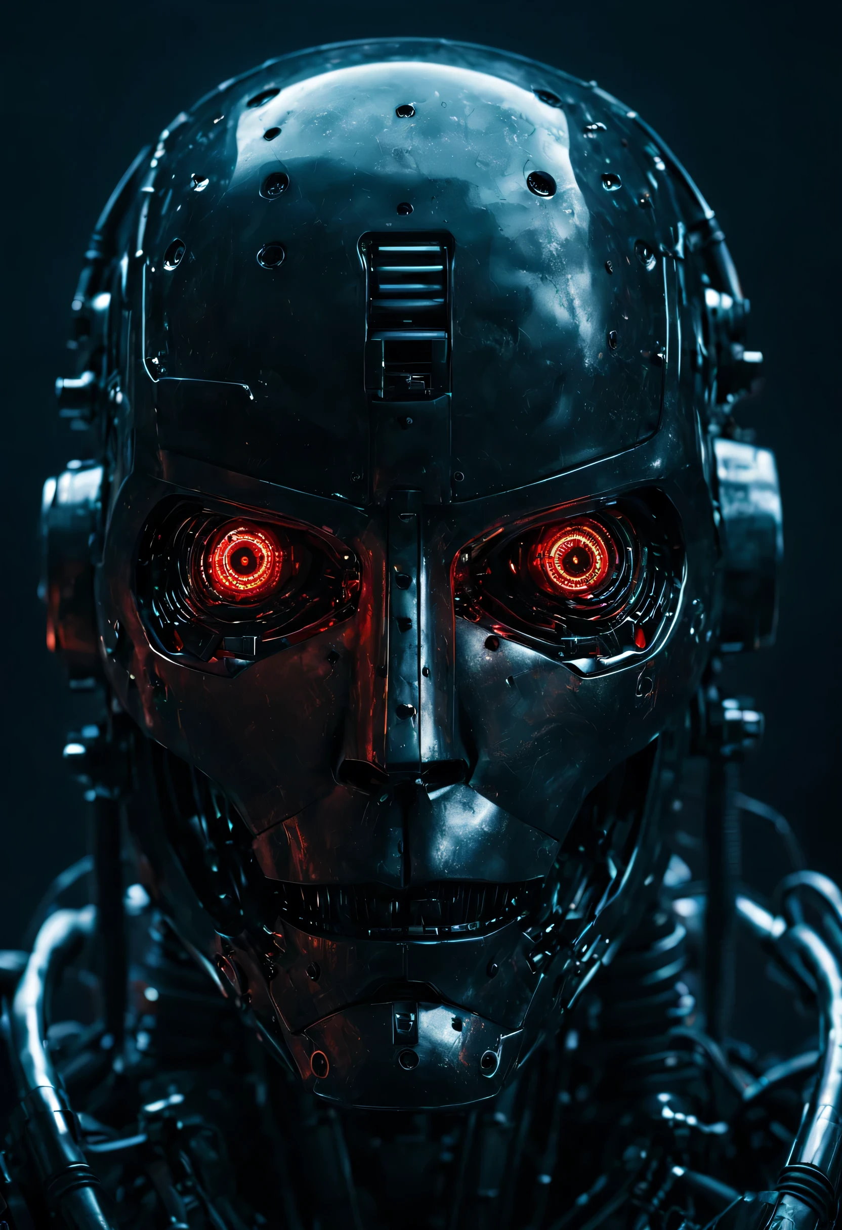 A dramatic depicting an extreme close-up portrait of an advanced cyborg or robot. Its face and head fill the entire frame. It has a metal exoskeleton frame surrounding its head and face, with small gaps exposing some interior electronics and mechanics. Its eyes glow bright menacing red, staring intensely at the viewer. The overall style is highly detailed, realistic and somber with a dark, cyberpunk aesthetic