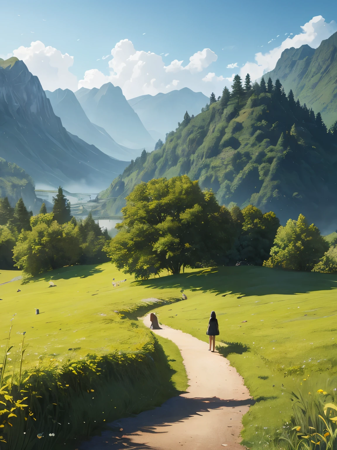 In a green meadow stands a girl leading a group of knights.
BREAK
With a brave expression, she guides them towards their destination.
BREAK
Behind her, a green forest stretches out and beyond that, mountains rise in the distance.
BREAK
The most suitable effect for this scene would be a watercolor painting technique to capture the softness of the meadow and the fluidity of the movement.