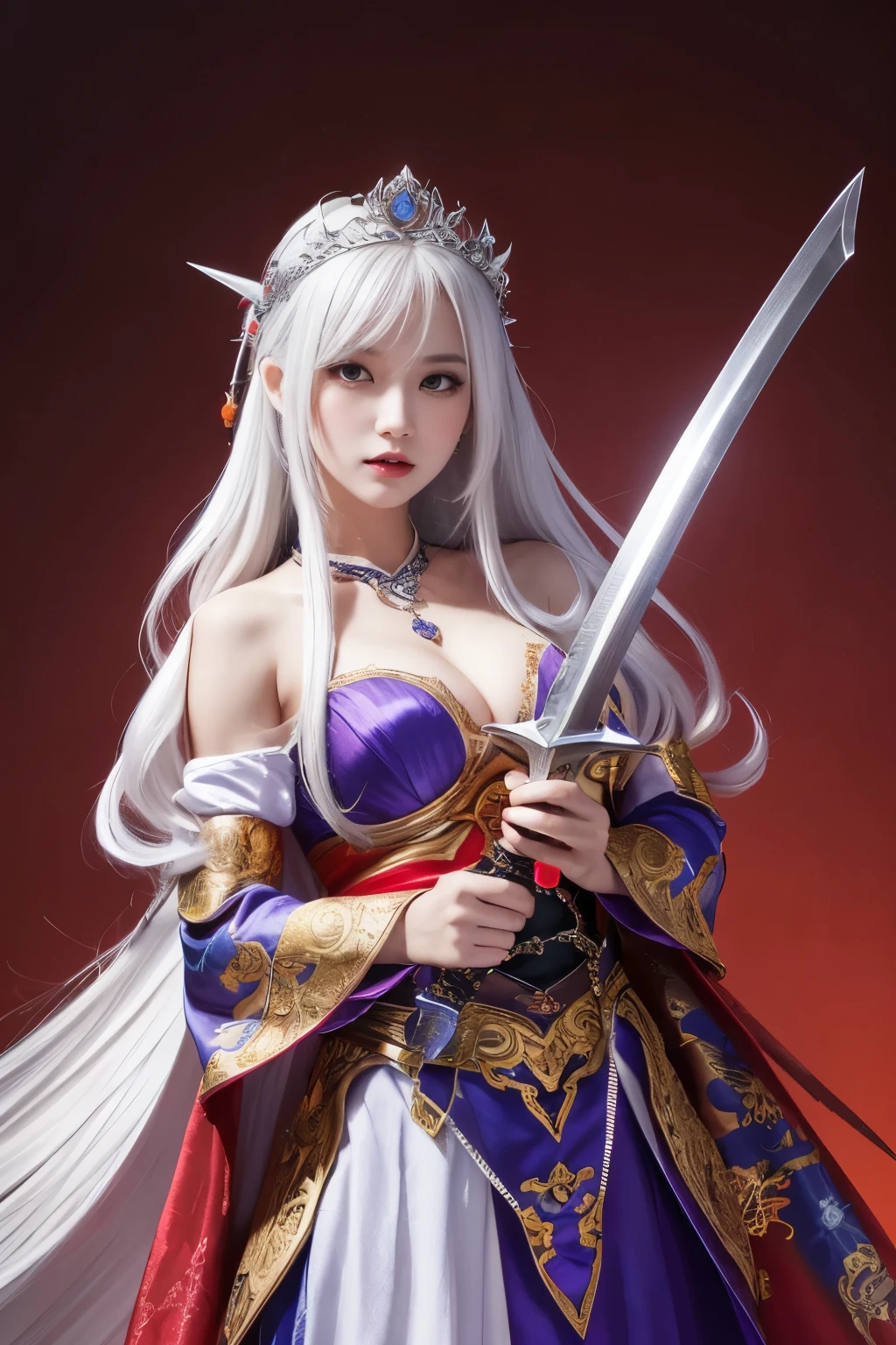 (Sword-wielding Woman),(Dynamic swordsman pose,has a sword hilt), ((vampire night)),absurdly,highest quality,Super detailed,See photographer,masterpiece,real,写真real,the lighting is bright,beautiful girl, Alone, (((Charming platinum white super long silky hair))), beautiful crystal eyes,baroque, necklace, elegant, colorful,tiara,hair ornaments,A fusion costume of armor and Chinese dress with detailed and beautiful colorful patterns.