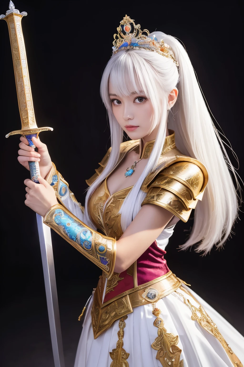 (Sword-wielding Woman),(Dynamic swordsman pose,has a sword hilt), ((Paladin,paladin)),Absurdly top quality,Super detailed,See photographer,masterpiece,real,写真real,the lighting is bright,beautiful girl, Alone, (((Charming bright natural platinum white super long straight silky hair))), beautiful crystal eyes,baroque, necklace, elegant, colorful,tiara,hair ornaments,A fusion costume of armor and Chinese dress with detailed and beautiful colorful patterns.
