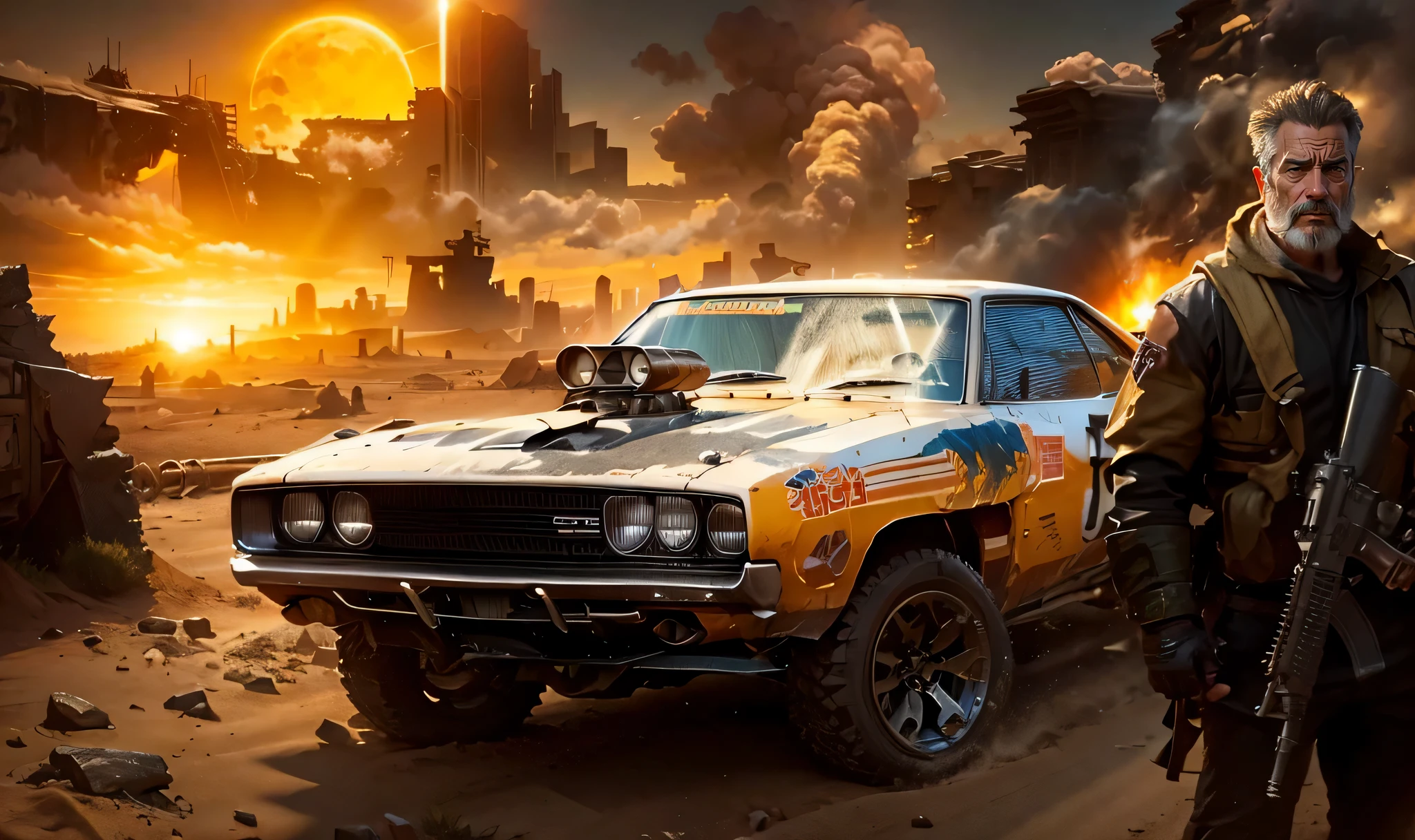 A grunge, dilapidated YELLOW Dodge Charger transformed into a missile and machine gun battle car with a Mad Max warrior Mel Gibson on the side carrying a modern rifle, In the background there is a huge Australian desert like in the movie Mad Max with big rocks and mountains and an abandoned ghost town with some burning buildings and smoke,  the sky is orange and a huge bright yellow sun is shining
