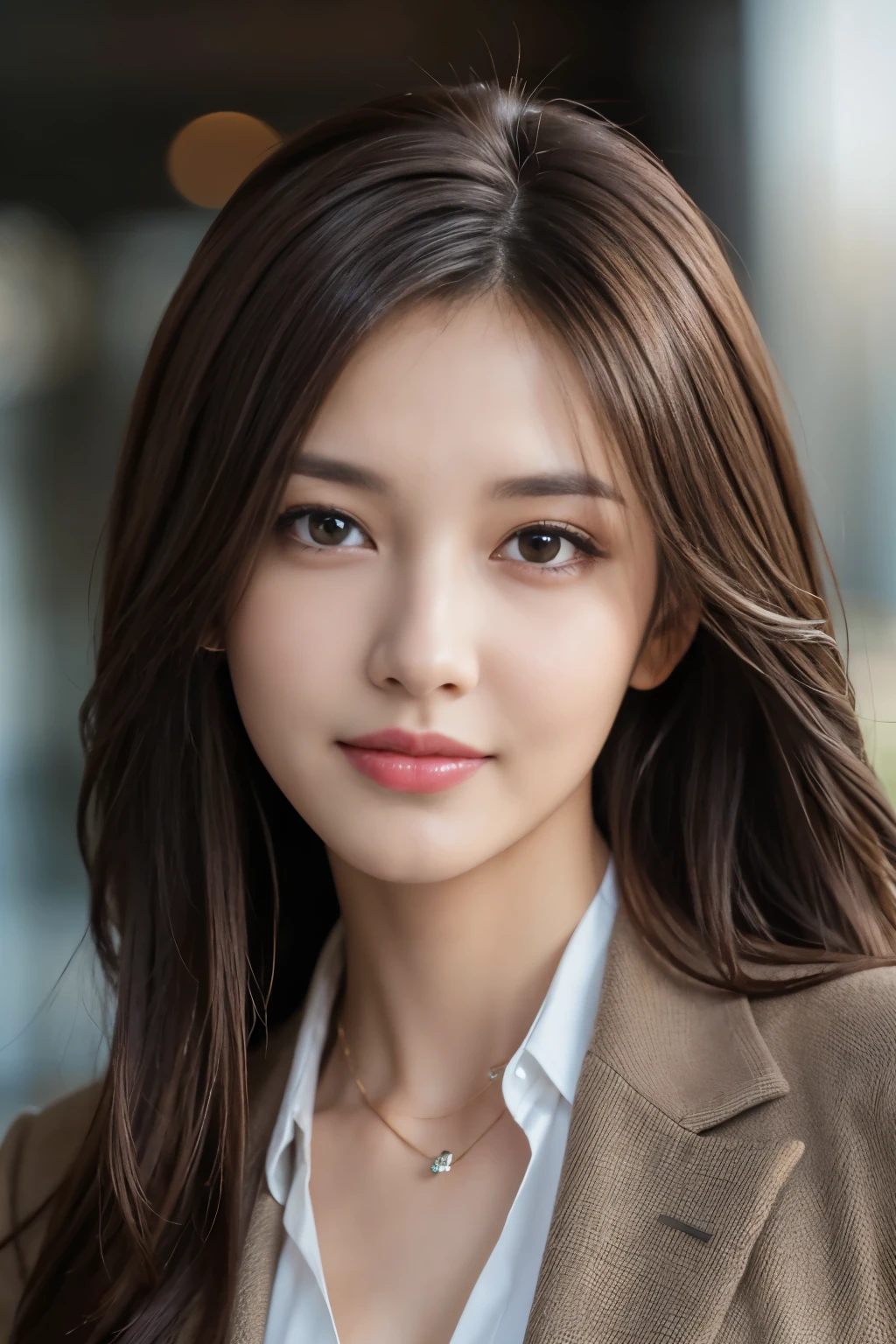 table top, highest quality, realistic, Super detailed, finely, High resolution, 8k wallpaper, 1 beautiful woman,, light brown messy hair, wearing a business suit, sharp focus, perfect dynamic composition, beautiful and detailed eyes, thin hair, Detailed realistic skin texture, smile, close-up portrait, model body shape