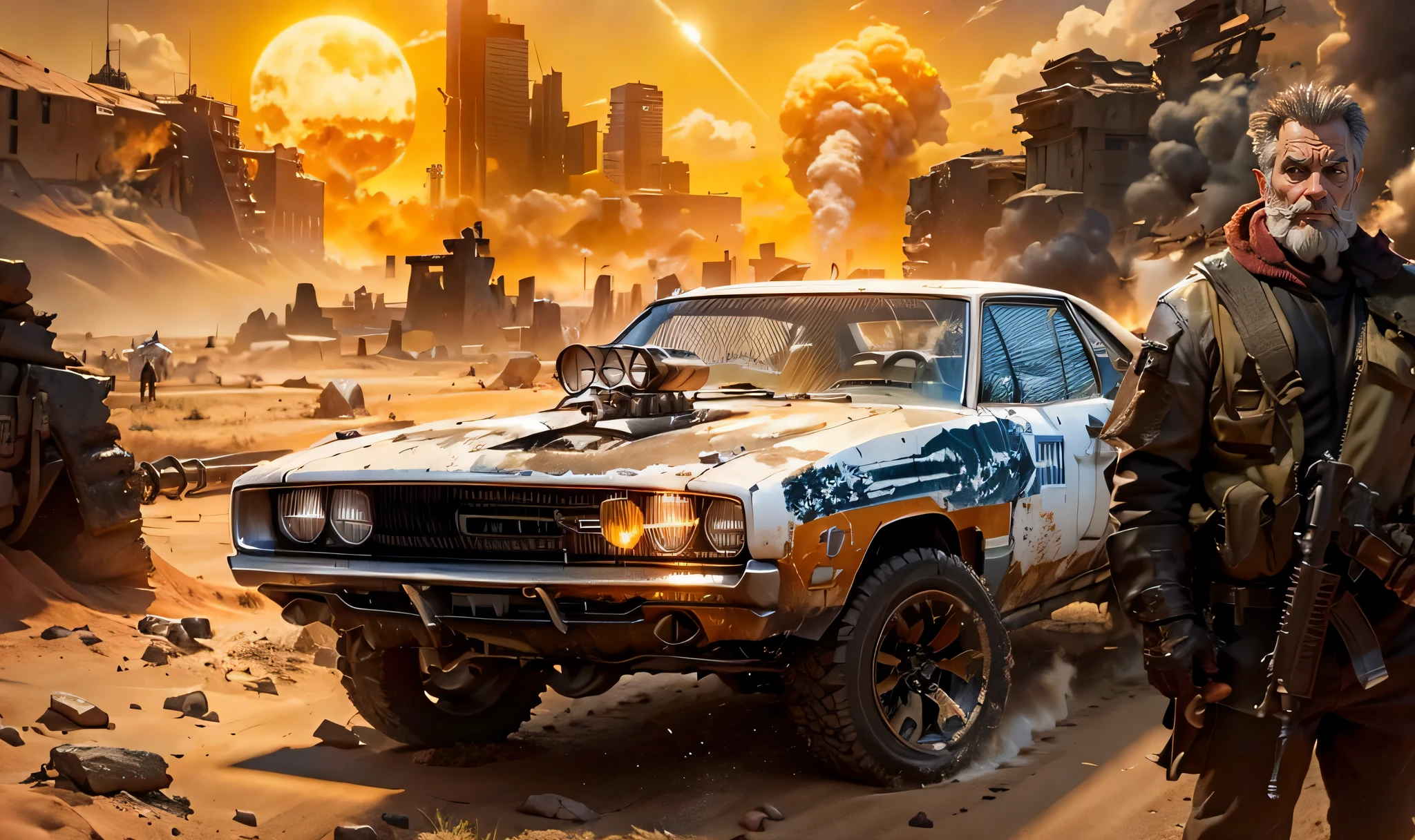 A grunge, dilapidated YELLOW Dodge Charger transformed into a missile and machine gun battle car with a Mad Max warrior Mel Gibson on the side carrying a modern rifle, In the background there is a huge Australian desert like in the movie Mad Max with big rocks and mountains and an abandoned ghost town with some burning buildings and smoke, the sky is orange and a huge bright yellow sun is shining