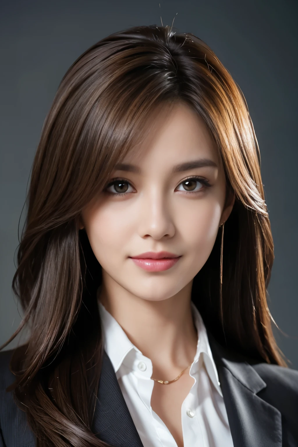 table top, highest quality, realistic, Super detailed, finely, High resolution, 8k wallpaper, 1 beautiful woman,, light brown messy hair, wearing a business suit, sharp focus, perfect dynamic composition, beautiful and detailed eyes, thin hair, Detailed realistic skin texture, smile, close-up portrait, model body shape