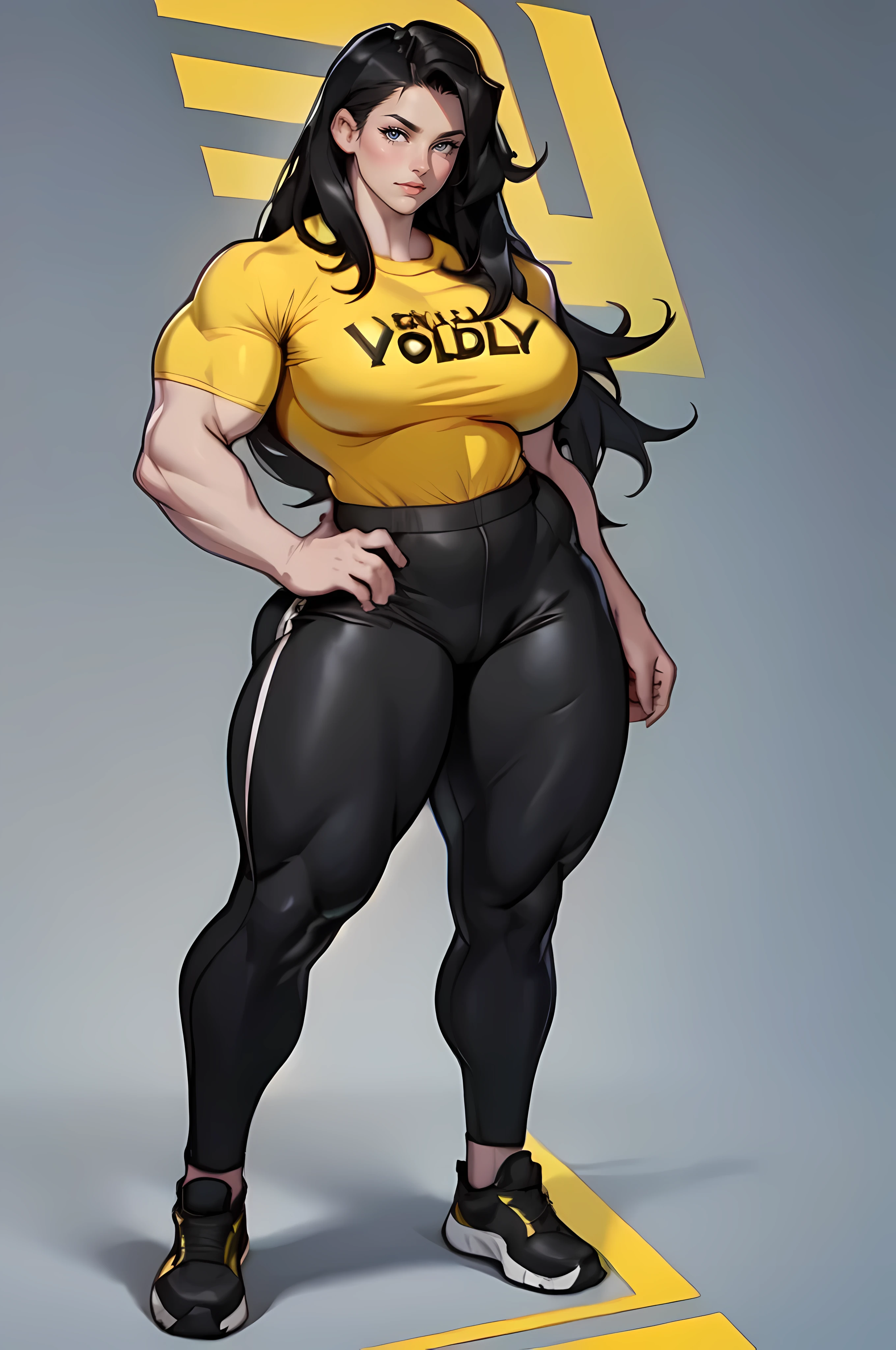 pale skin 1girl muscular toned body curvy huge breasts thick thighs wide hips black hair yellow eyes bodybuilder (tight shirt and pants full body long hair)