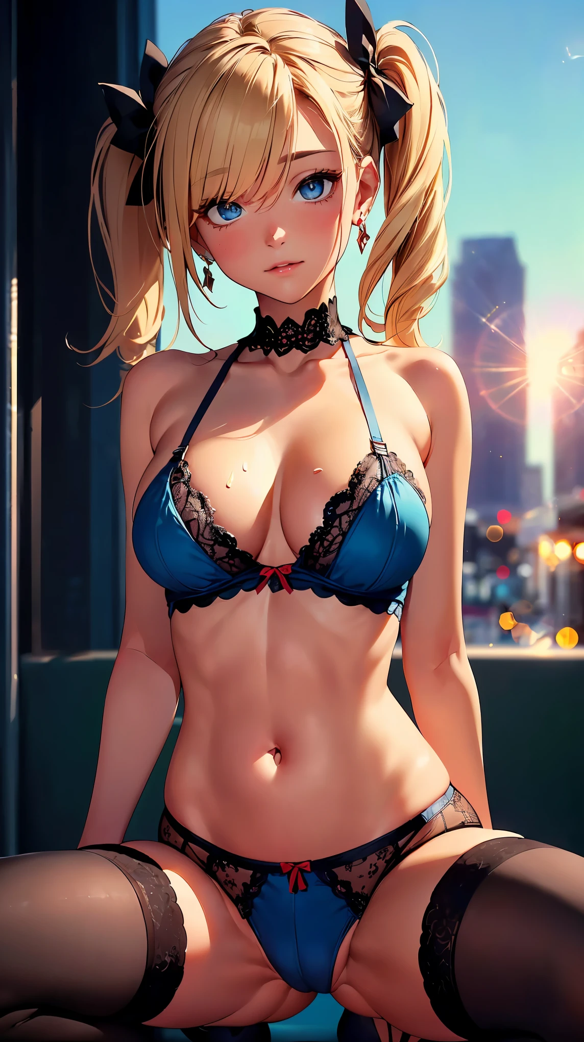 NSFW, (8k, RAW photo, 最high quality, masterpiece:1.2), High-definition RAW color photo, Professional photo shoot, cinematic light, alone, (((young woman))), (detailed expression), (small face), (high detail skin:1.2), clavicle, cute face, beautiful appearance, long eyelashes, (blonde, twin tails, blue eyes), ((blue ribbon, red glowing earrings)), attractive big breasts, (slim body shape:1.4, A woman with a slender figure and big breasts), very detailed顔と肌の質感, fine eyes, double eyelid, (((embarrassing:1.5))), ((Hide your eyes with one hand:1.2)), ((spread legs, photo shootのためポーズをとる, sexy pose, squat with legs apart)), (magic hour:1.5), pleasure and excitement, sweating:1.37, ((put your hand on your chest, sexy shot, Underwear with delicate decorations, See-through lingerie:1.1, garter stockings)), ((perverted slut:1.1)), in the downtown area:1.5, beautiful skin, shiny skin, perfect fingers, five fingers, anatomically correct, background bokeh, high quality, surreal, bright colors, ((f/1.2, Nikon, lens flare, very detailed, photo shoot)),