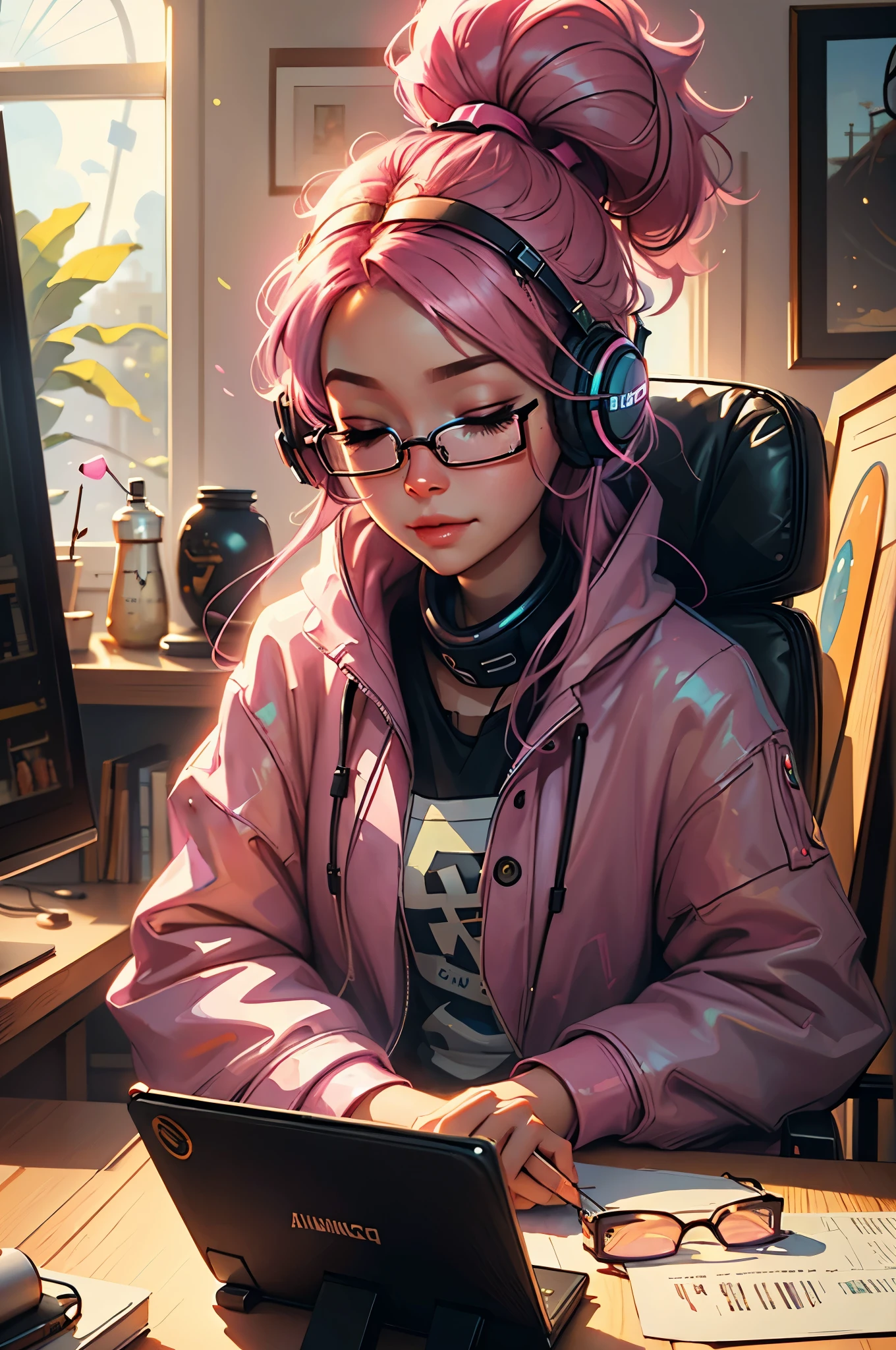 Make an oil painting of adorable female streamer sitting at her computer with her eyes closed, wearing headphones, has pink hair, librarian style glasses by James Christensen, awwChang, CGSociety, Illumination, Pixar, super crisp high fidelity, sunny day background
