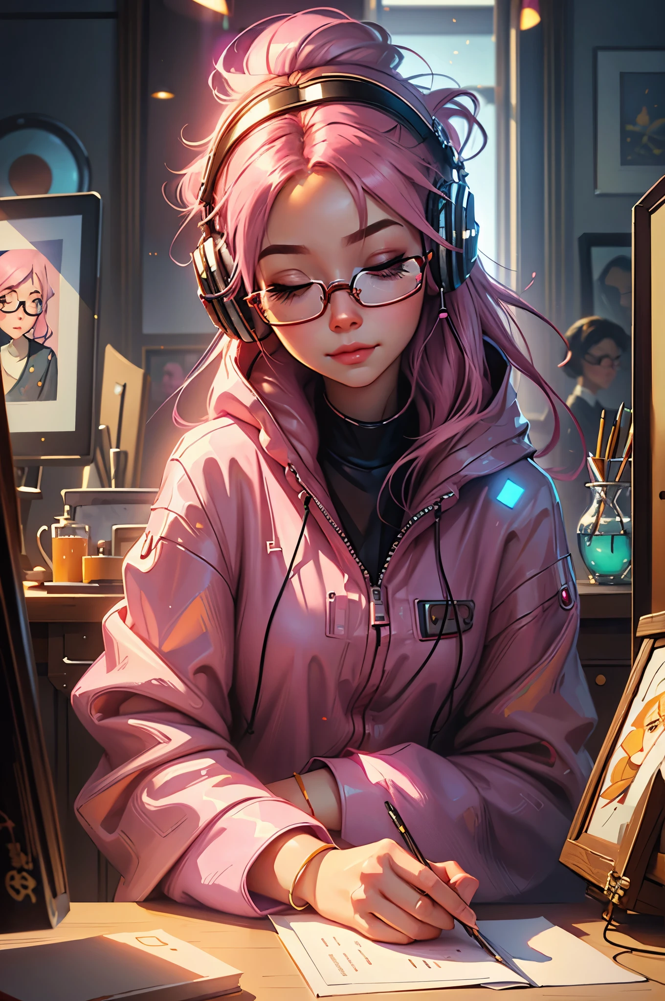 Make an oil painting of adorable female streamer sitting at her computer with her eyes closed, wearing headphones, has pink hair, librarian style glasses by James Christensen, awwChang, CGSociety, Illumination, Pixar, super crisp high fidelity, sunny day background