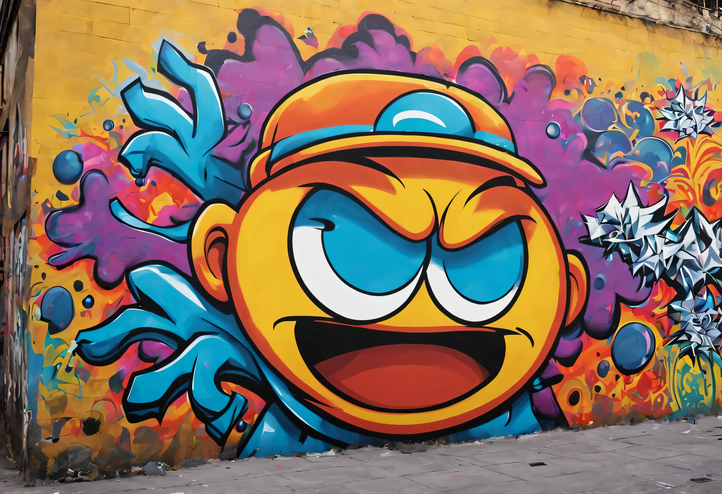 doodle cartoon, Hip-hop style cartoon graffiti spray painted on the wall, cool main character graffiti, colorful, street art, (Best configuration), (masterpiece), (highest quality), (Ultra high detail)