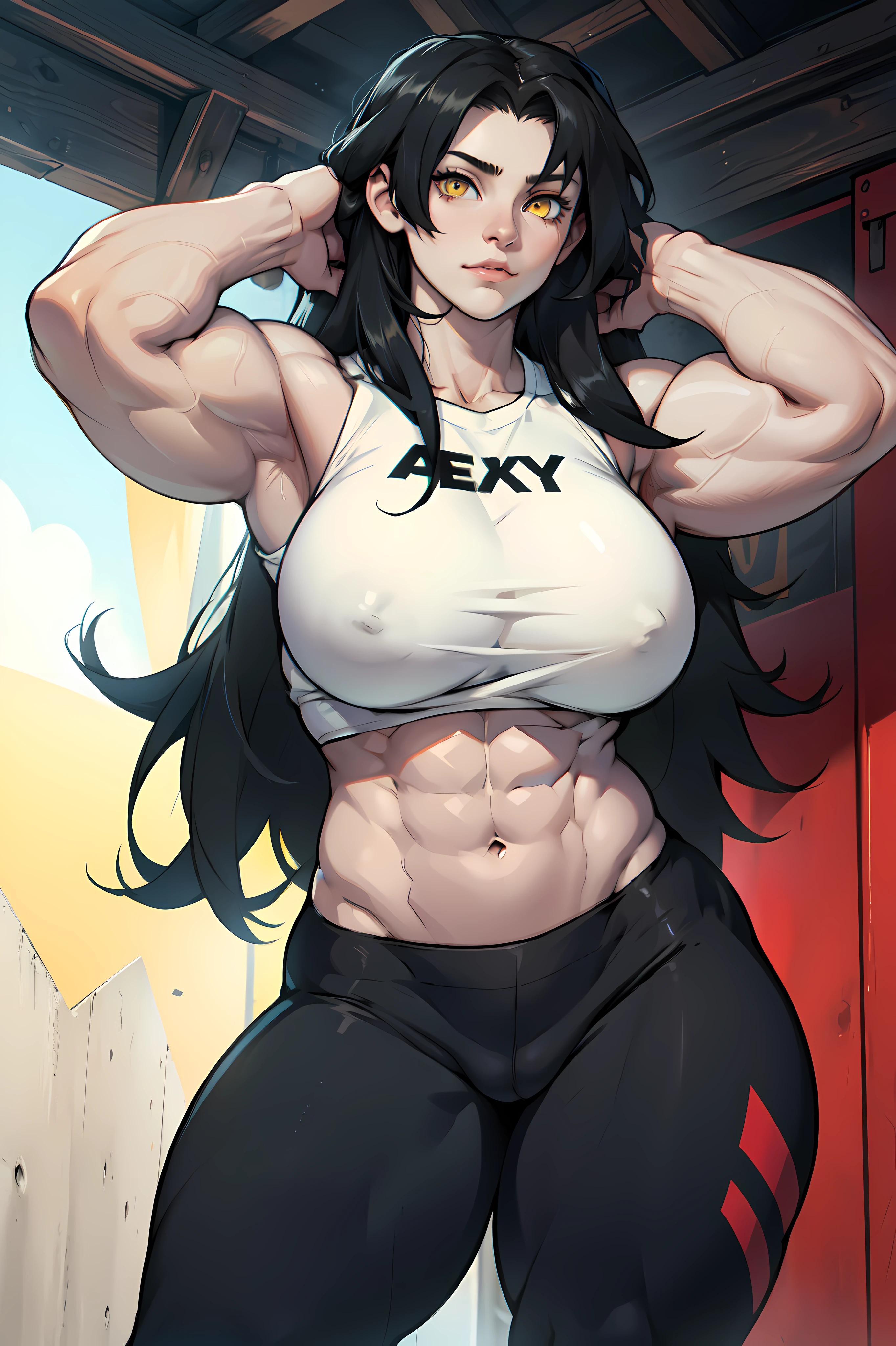 huge breasts pale skin very long hair black hair yellow eyes ((((((1 girl)))))) (((((muscular)))))