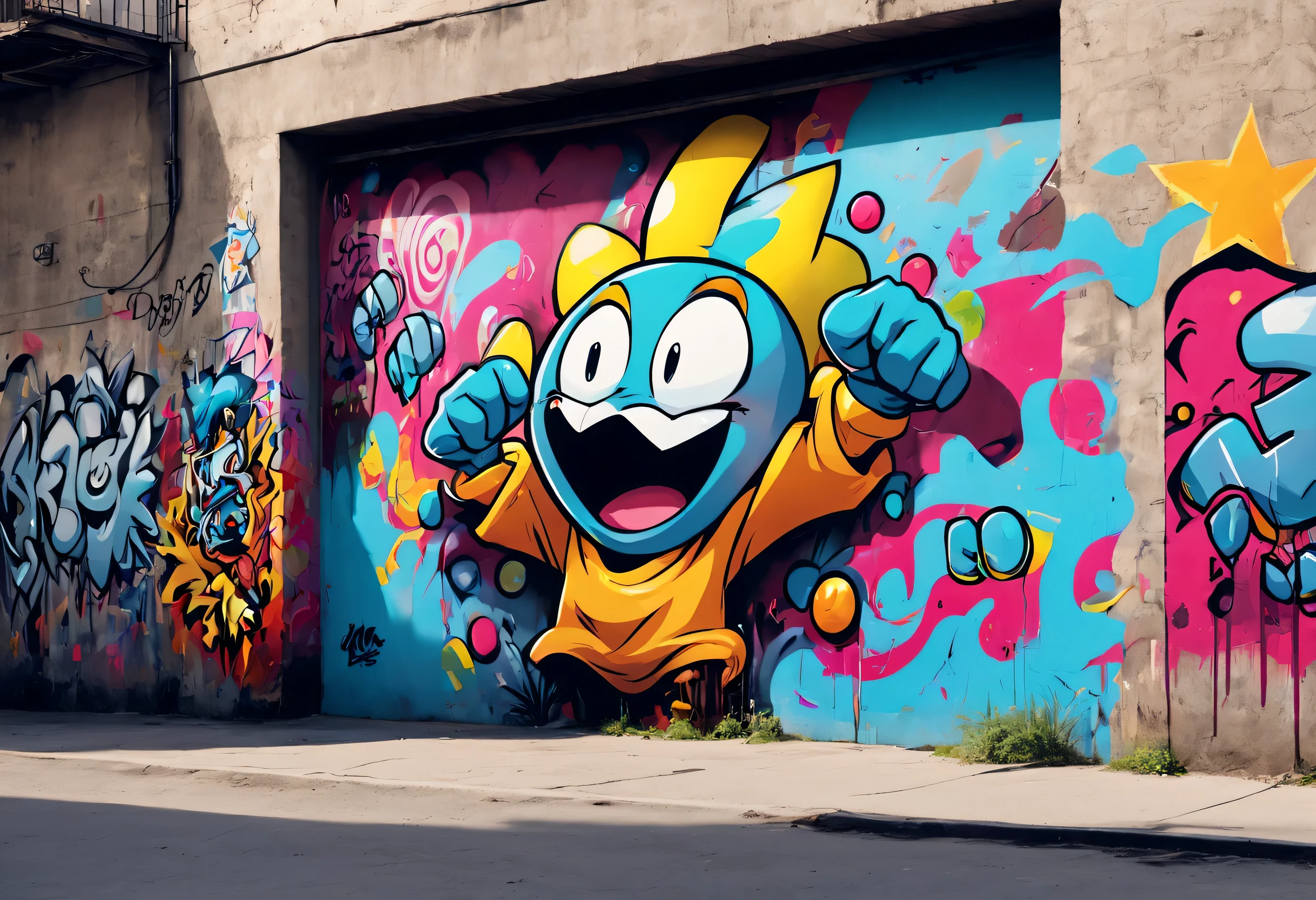 doodle cartoon, Hip-hop style cartoon graffiti spray painted on the wall, cool main character graffiti, colorful, street art, (Best configuration), (masterpiece), (highest quality), (Ultra high detail)