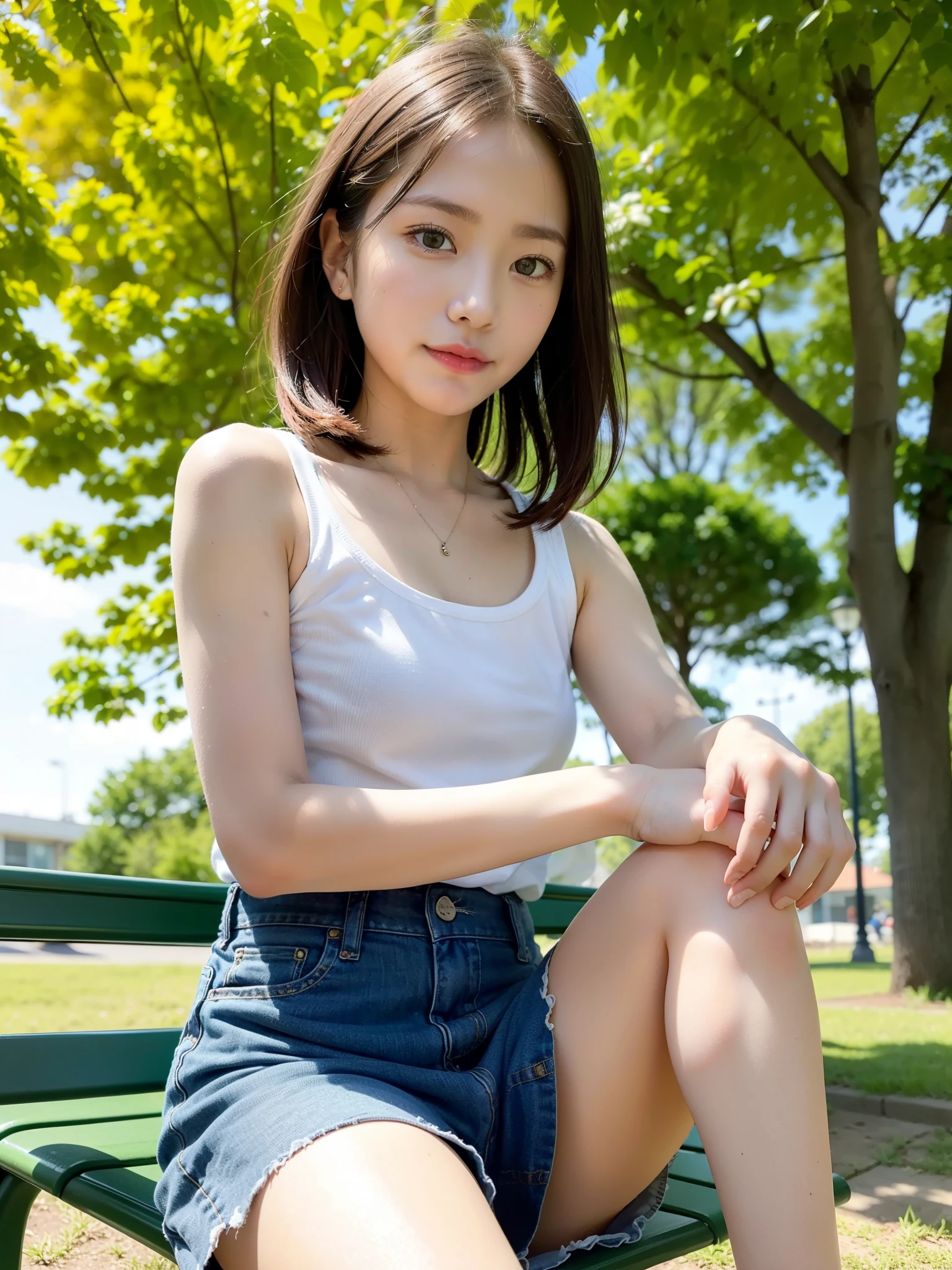 (Professional portrait, Professional Writing) ,masterpiece,Highest quality,Realistic,8K,Official Art, Ultra-high resolution, Shooting from below, (One young woman sitting, (Modestly spread legs:1.4),(showing Panty:1.5) ,Beautiful Face, smile, amusement park, Skirt flipped up, white panty、Casual sweatshirts、(Denim skirt:1.35), , , Clear cute big nipples, , Straight bangs, Medium Hair、Shrine maiden, , , 、Show your panties neatly from the front、Japanese girls like the ones in the photo, Pale-skinned girl, , , necklace, 24-years-old, , , ,, 8K, , Plain eyes、, realistic breasts, , realistic girl, beautiful girl、kawaii、I am studying, Brown Hair、Cheerleader、ribbon、アイドルステージ, , Showing teeth、(Pure white panties made of lace:1.1), (knees up:1.33), (Close ~ eyes:1.1)