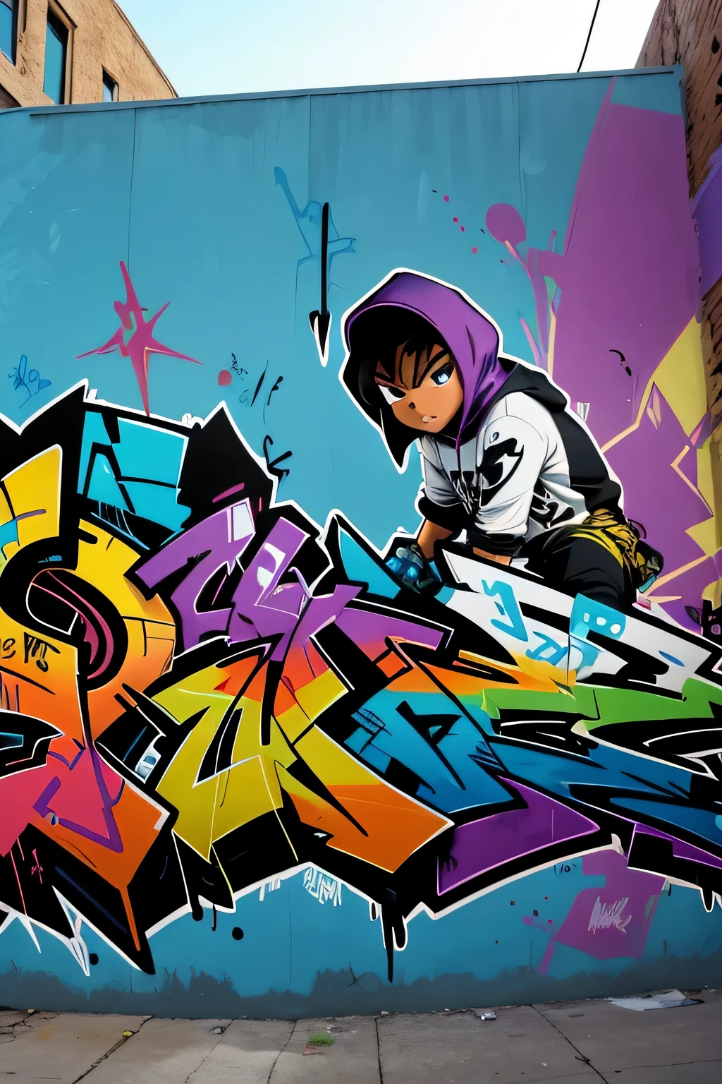 doodle cartoon, Hip-hop style cartoon graffiti spray painted on the wall, cool main character graffiti, colorful, street art, (Best configuration), (masterpiece), (highest quality), (Ultra high detail)