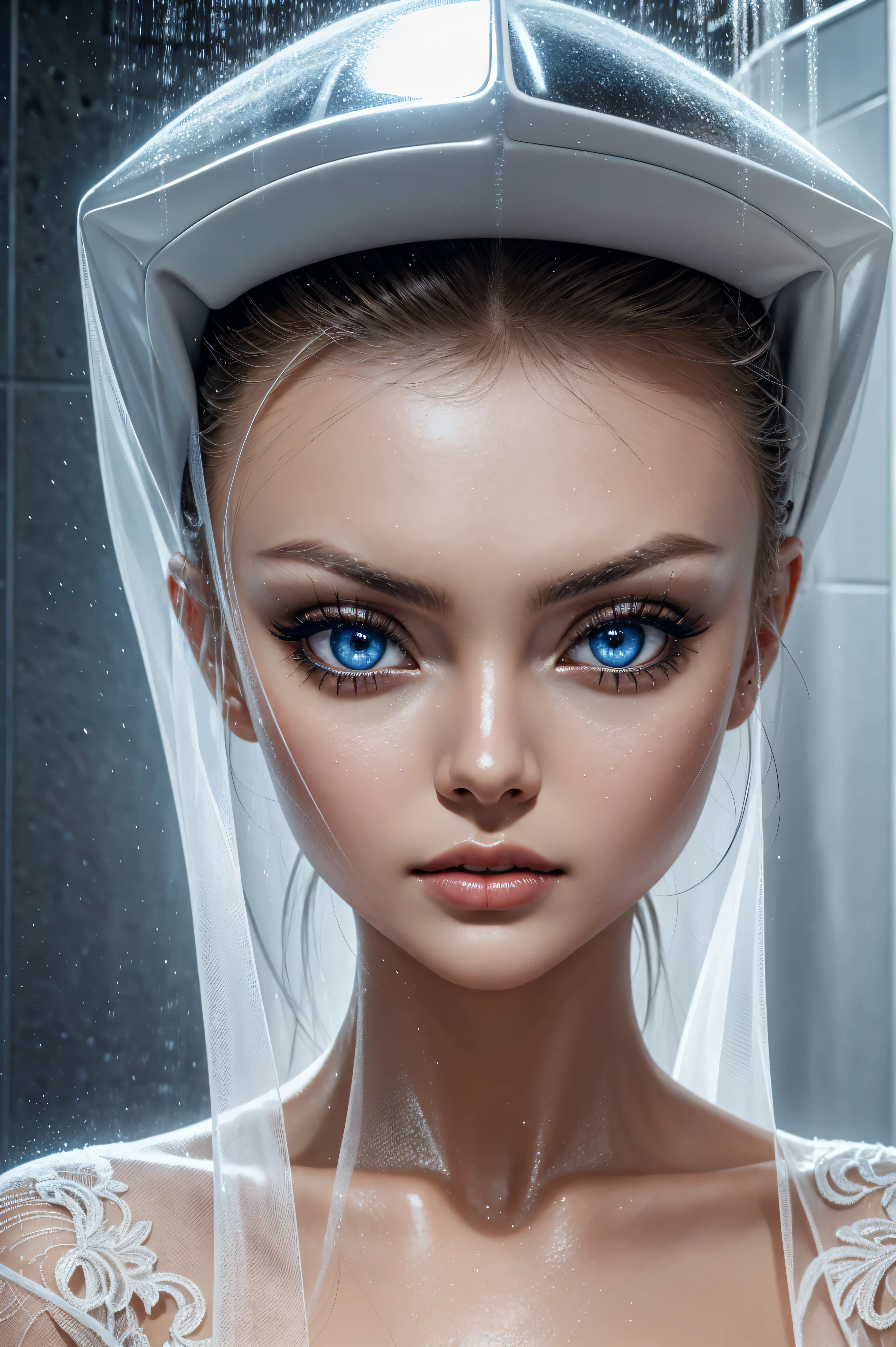 Angelique Boyer, wearing latex costume transparent. professionally retouched, soft lighting, realistic, smooth face, perfect eyes, sharp focus on eyes, 8 k, high definition, insanely detailed, intricate, elegant. stand under the shower.